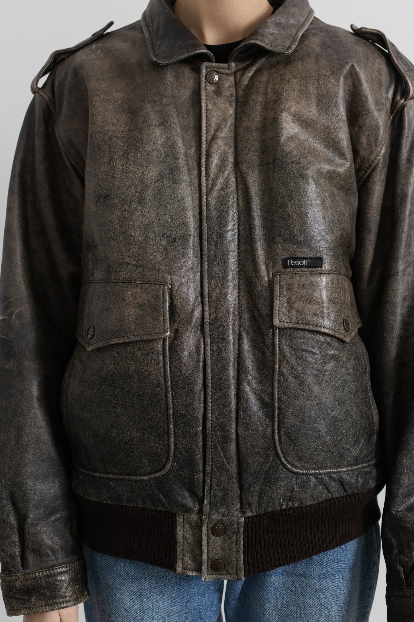 Vintage Distressed Leather Bomber Jacket