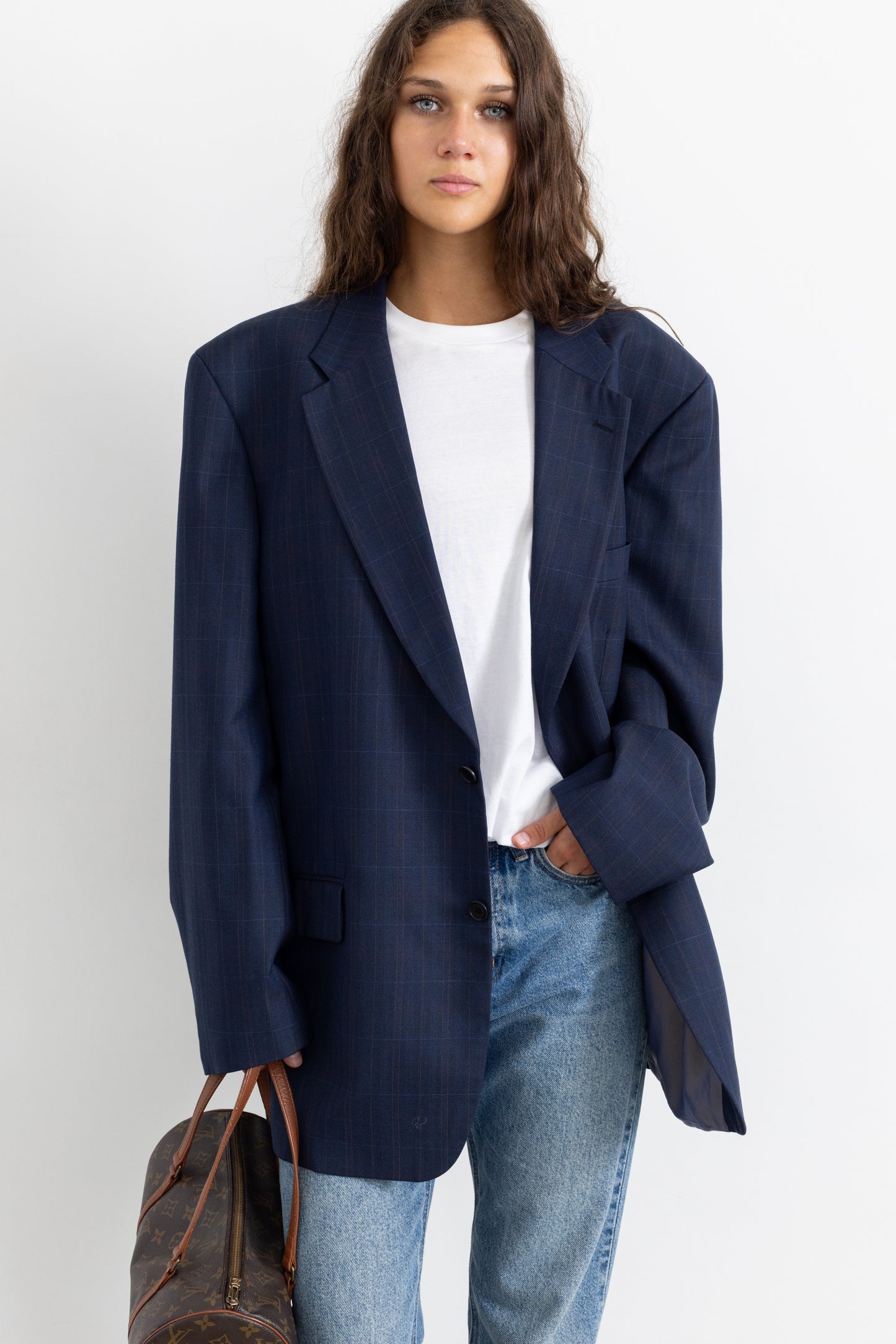 Vintage Navy Plaid Wool Blazer