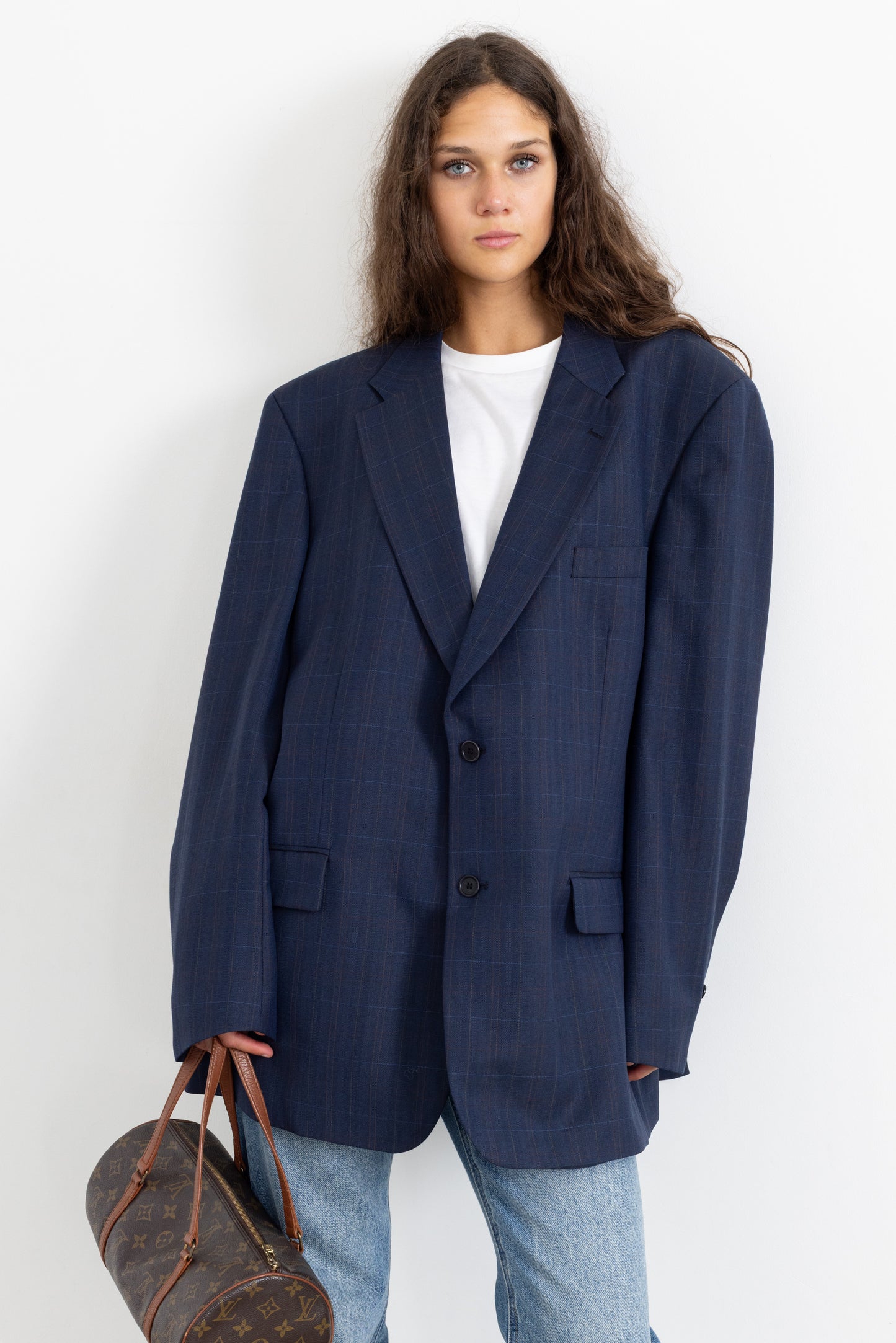 Vintage Navy Plaid Wool Blazer