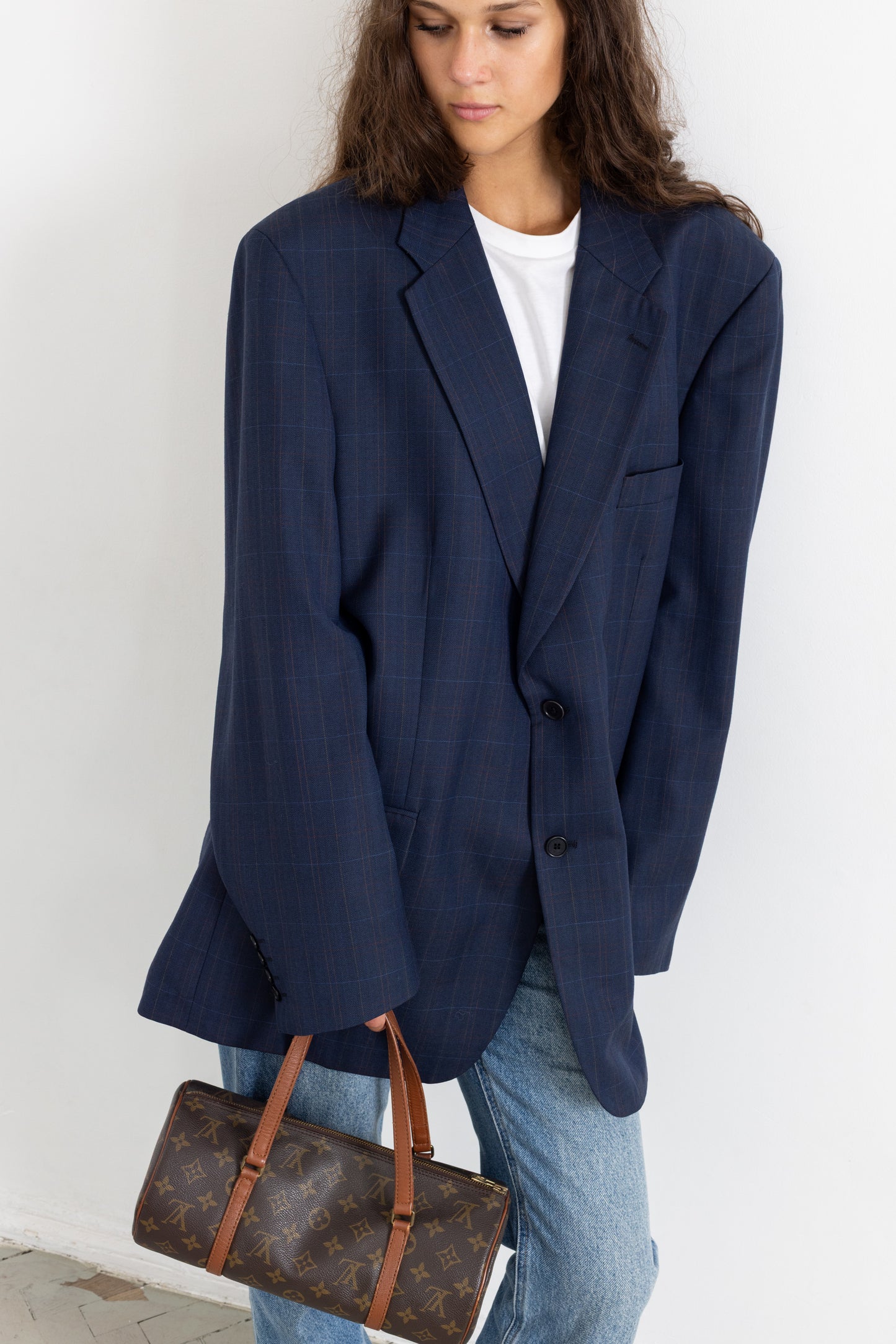 Vintage Navy Plaid Wool Blazer
