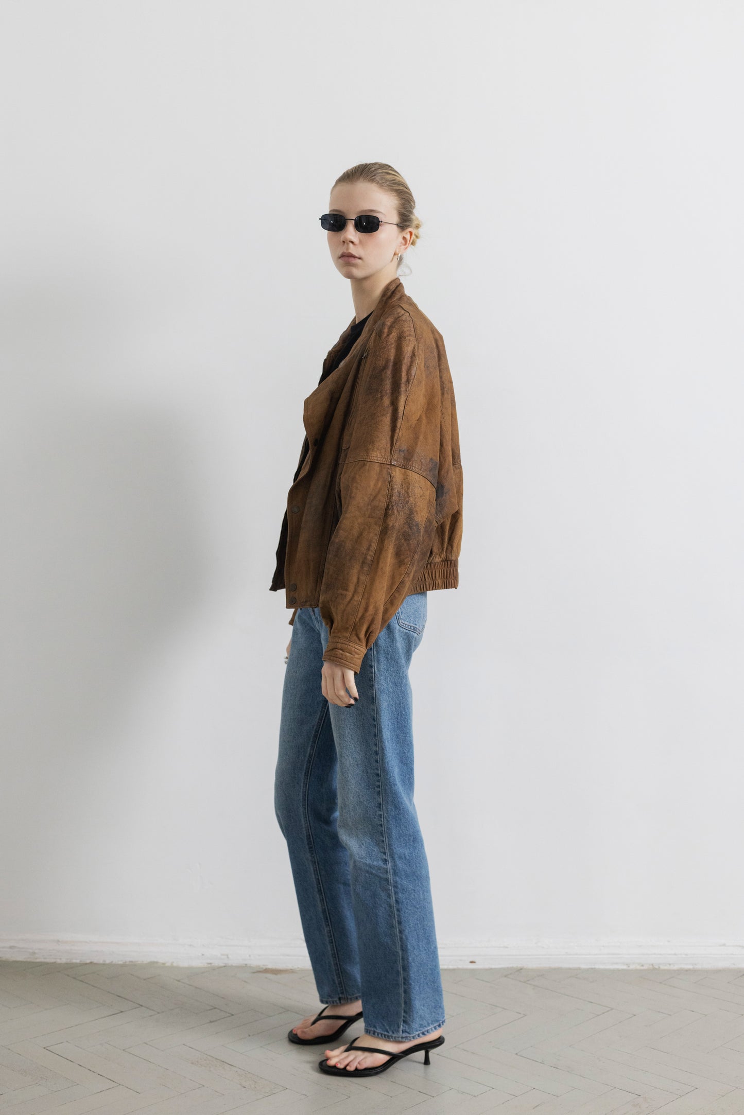 Vintage Brown Distressed Leather Bomber Jacket