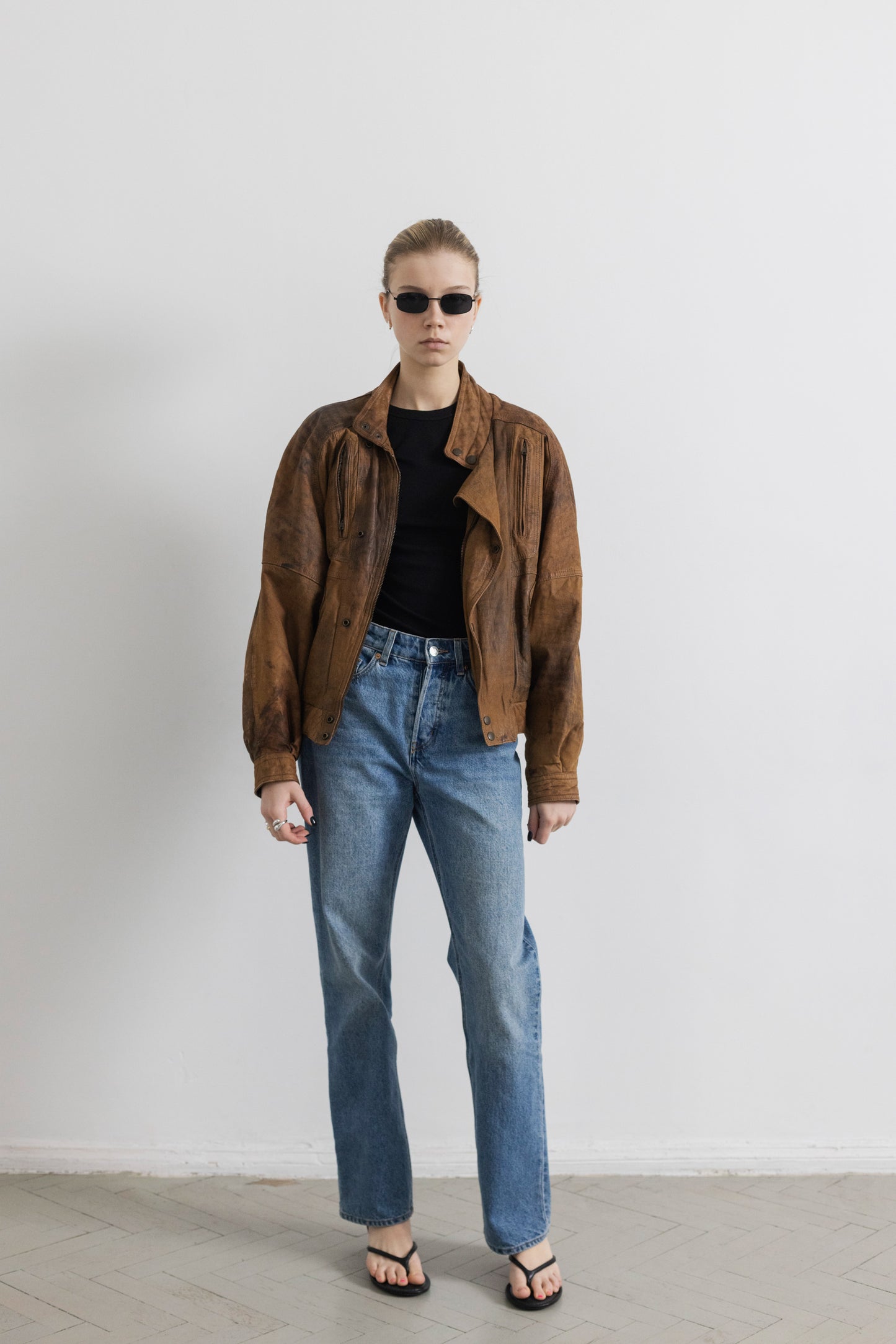 Vintage Brown Distressed Leather Bomber Jacket