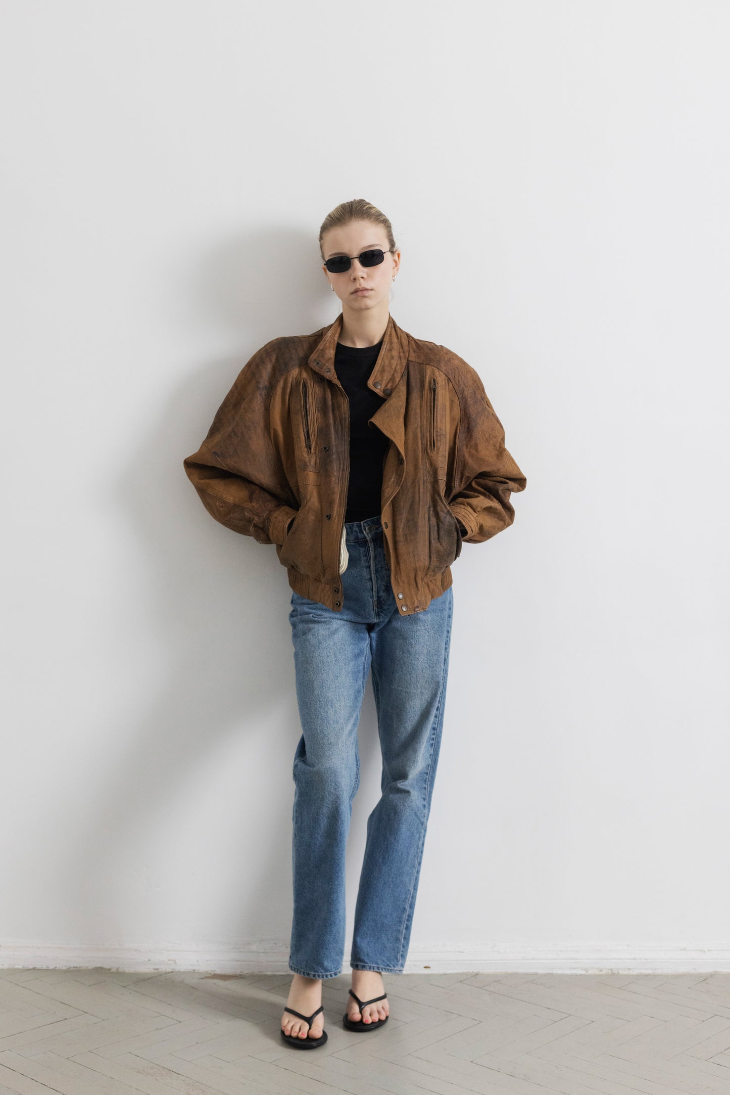 Vintage Brown Distressed Leather Bomber Jacket