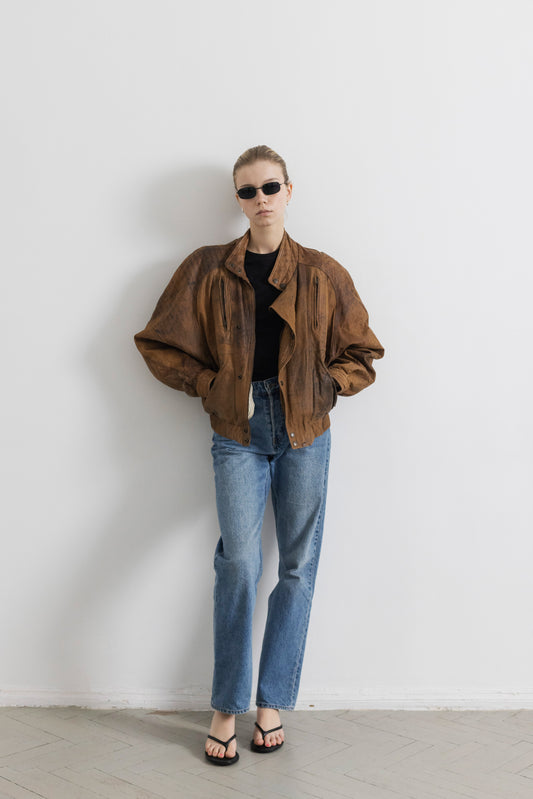 Vintage Brown Distressed Leather Bomber Jacket