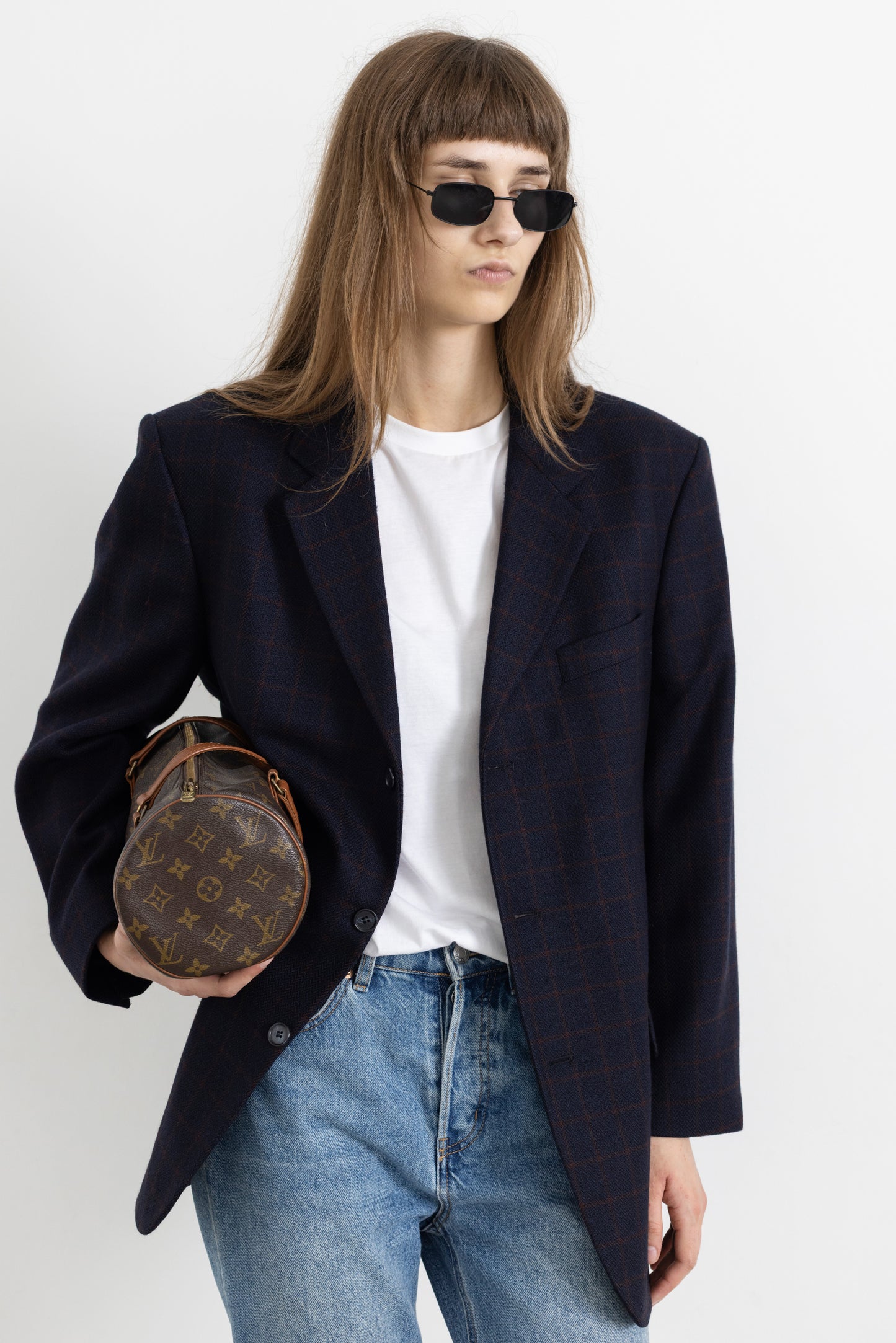 Vintage Navy Plaid 100% Wool Blazer