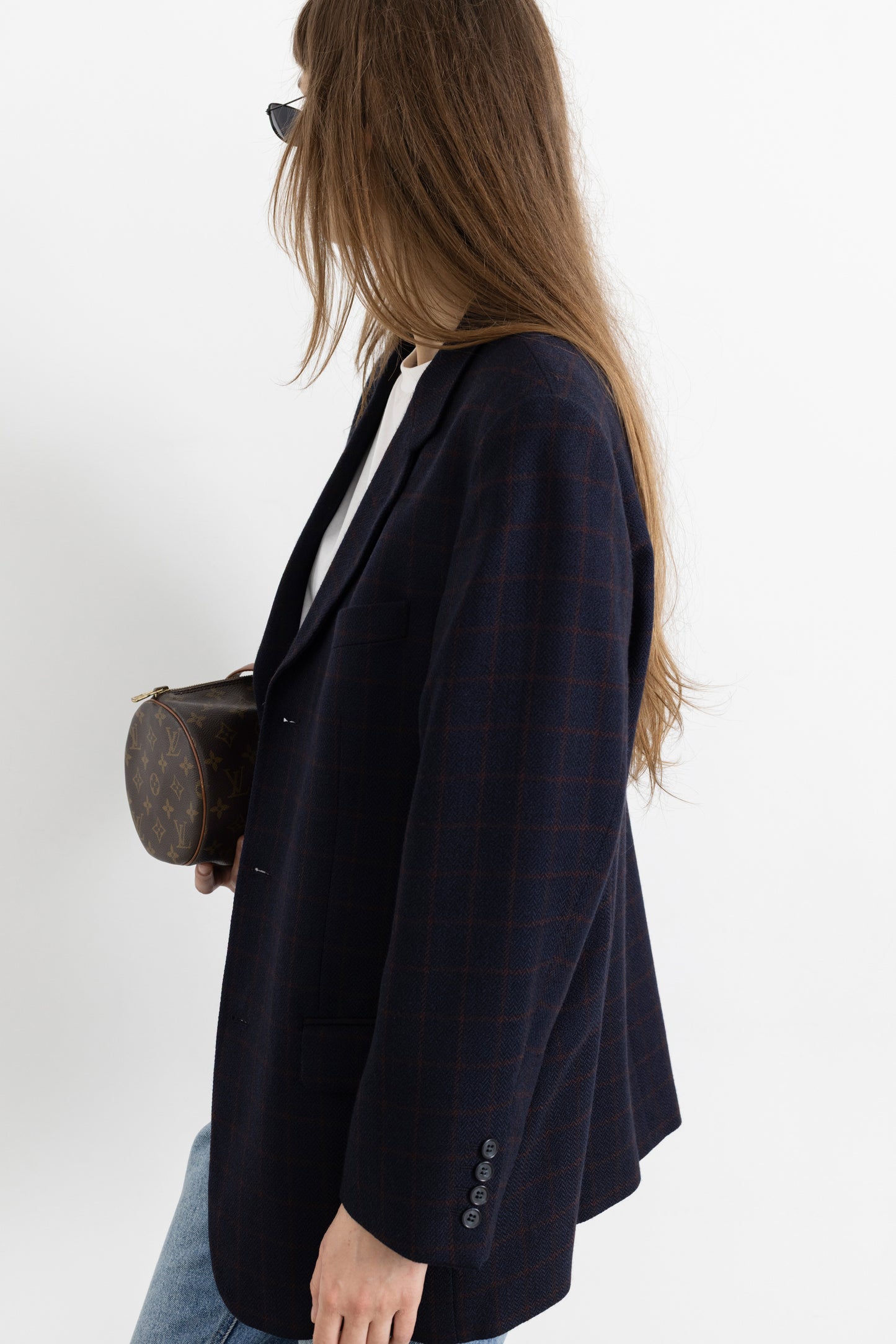 Vintage Navy Plaid 100% Wool Blazer