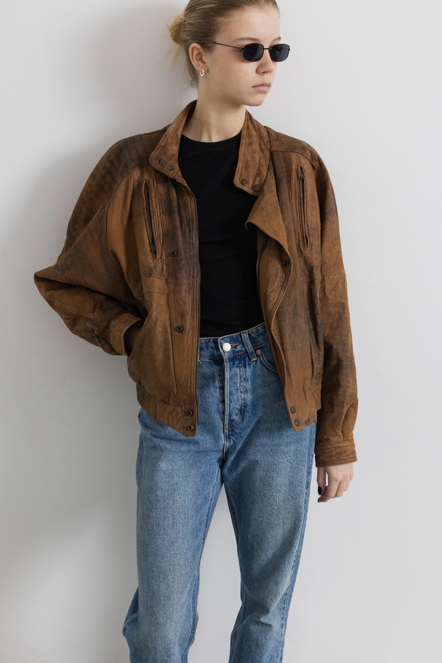 Vintage Brown Distressed Leather Bomber Jacket