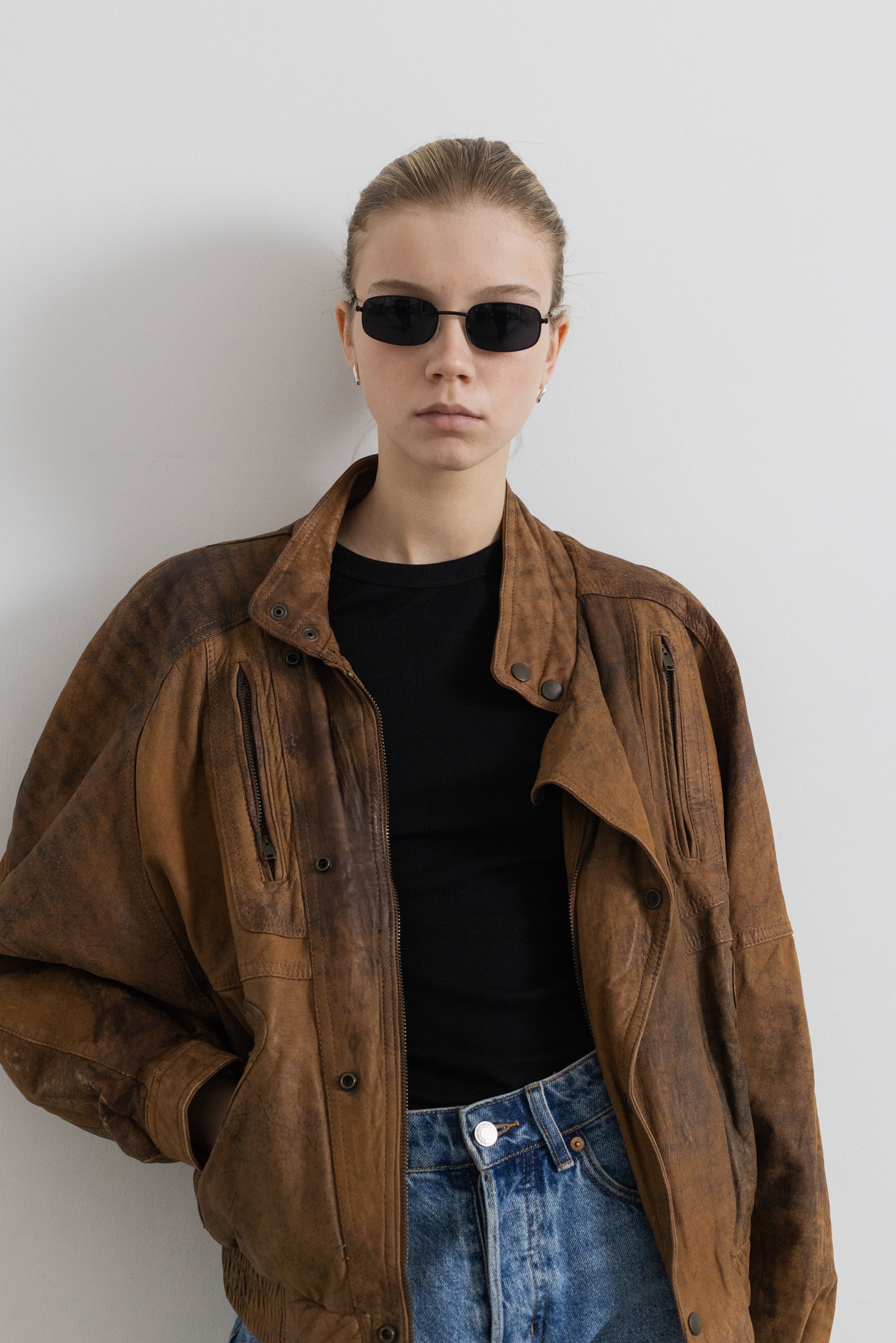Vintage Brown Distressed Leather Bomber Jacket