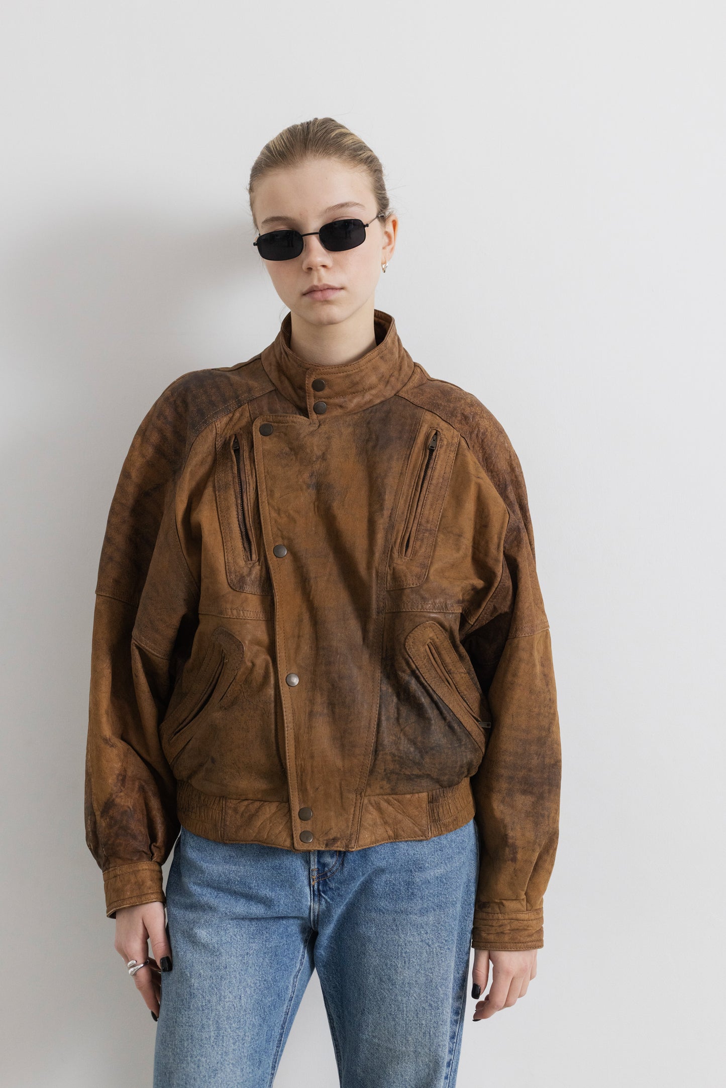 Vintage Brown Distressed Leather Bomber Jacket