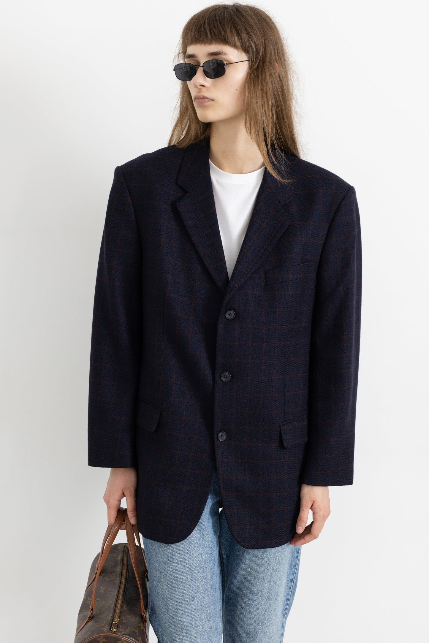 Vintage Navy Plaid 100% Wool Blazer