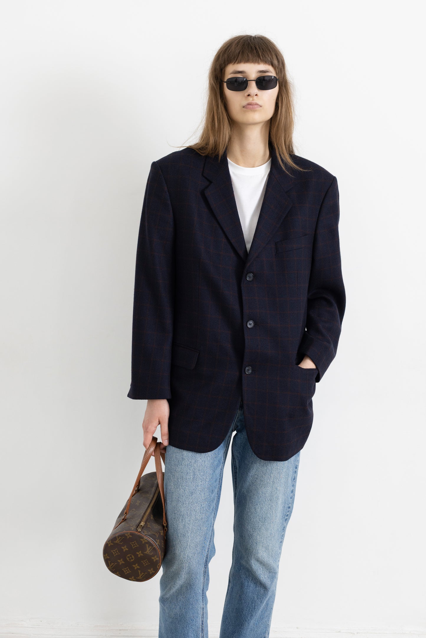 Vintage Navy Plaid 100% Wool Blazer