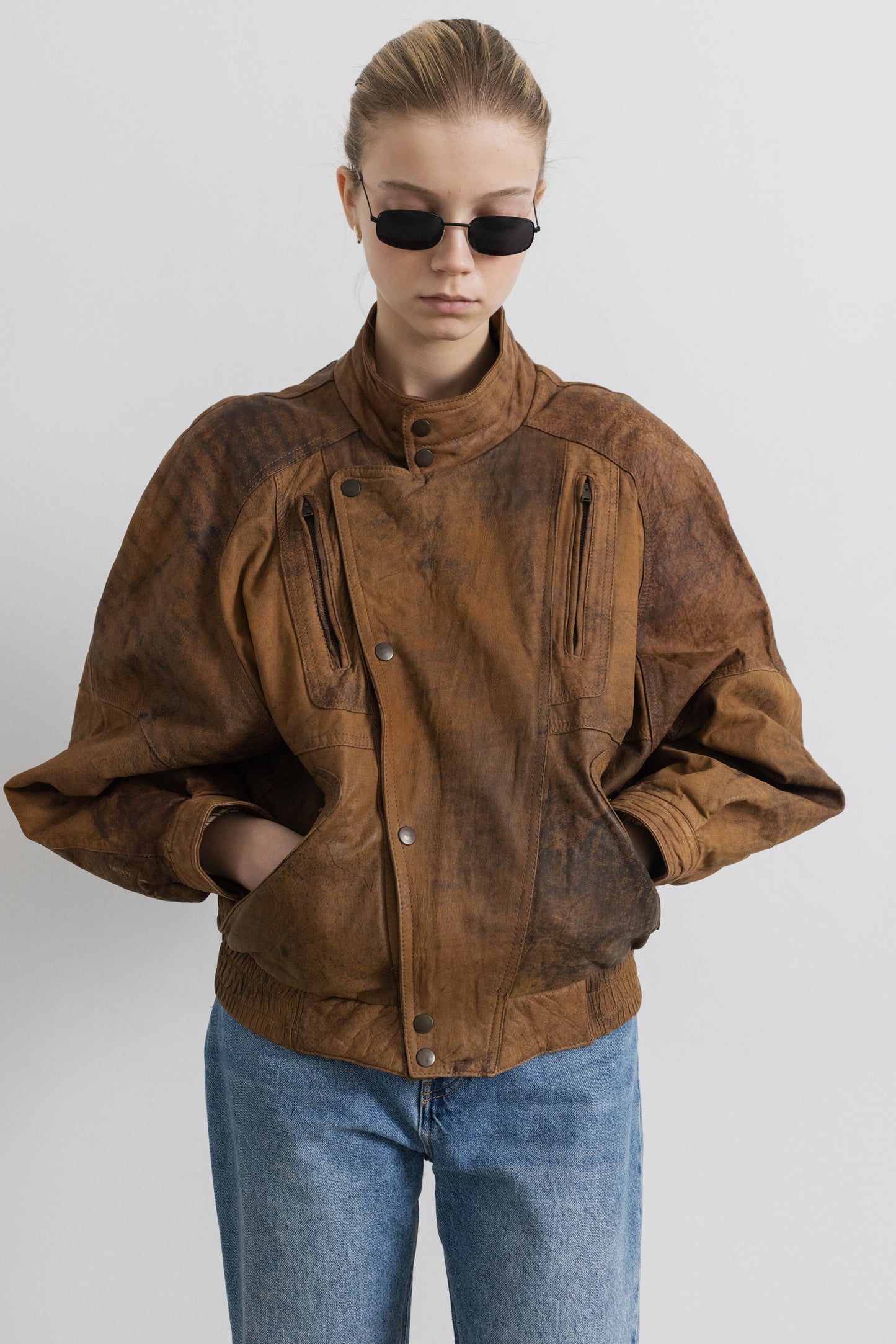 Vintage Brown Distressed Leather Bomber Jacket