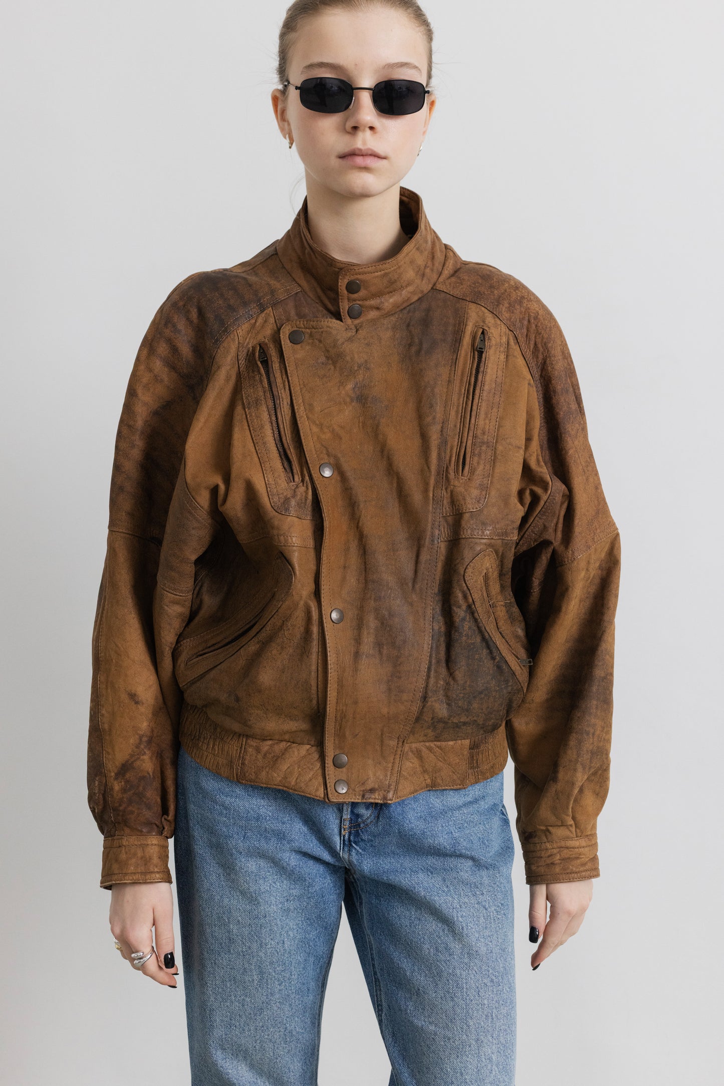 Vintage Brown Distressed Leather Bomber Jacket