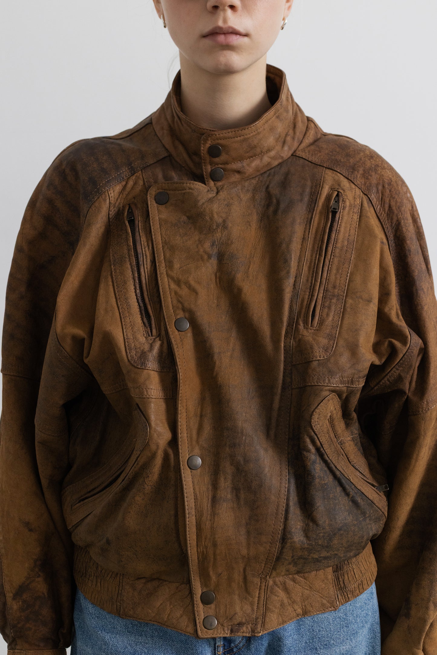 Vintage Brown Distressed Leather Bomber Jacket