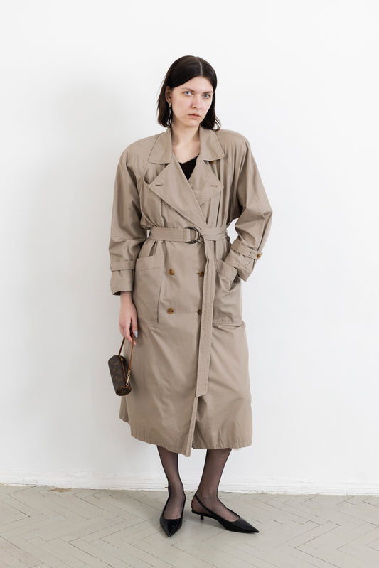 Vintage Beige Padded Shoulder Trench Coat