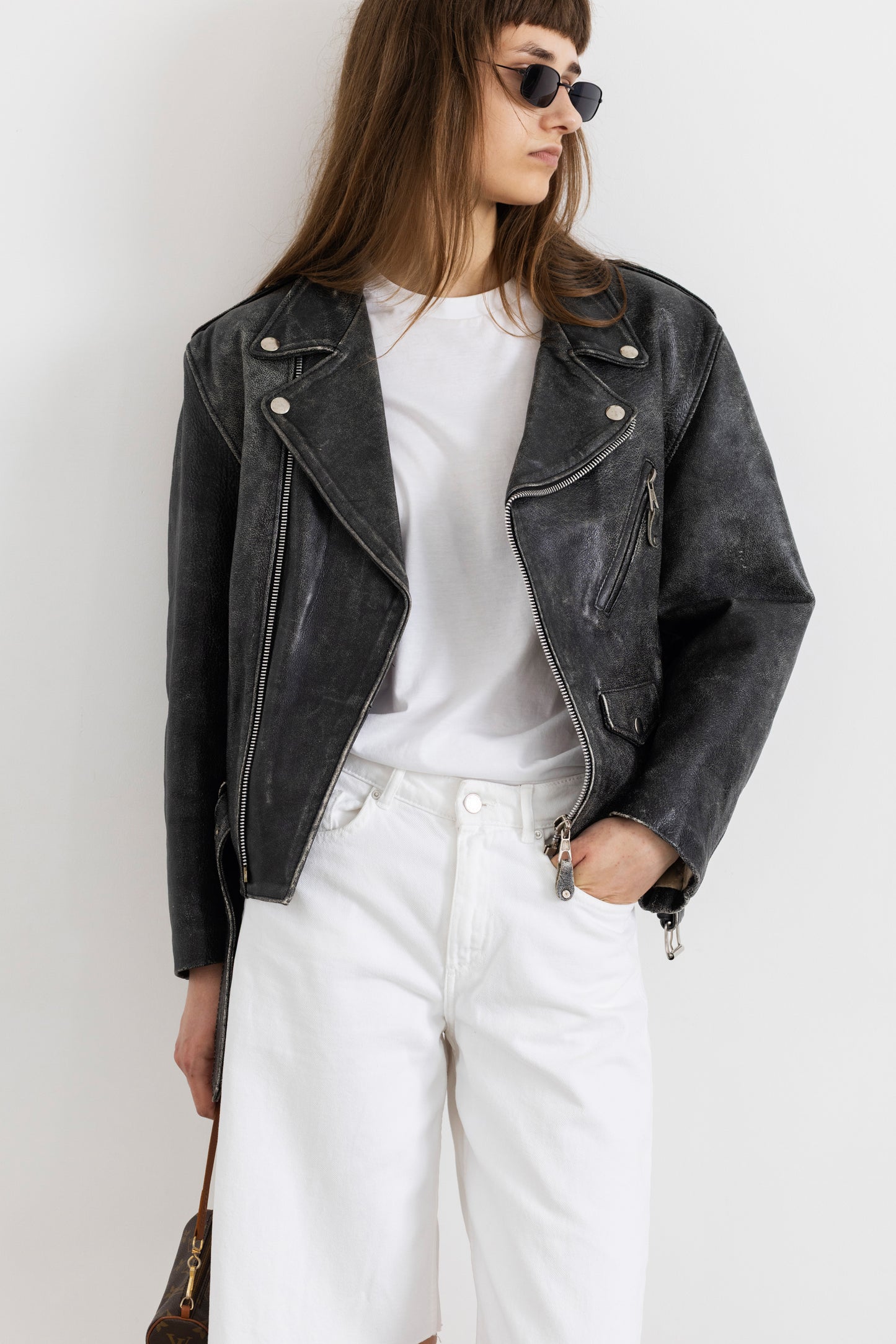Vintage Grey Distressed Leather Biker Jacket