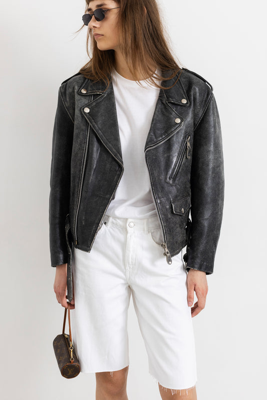 Vintage Grey Distressed Leather Biker Jacket