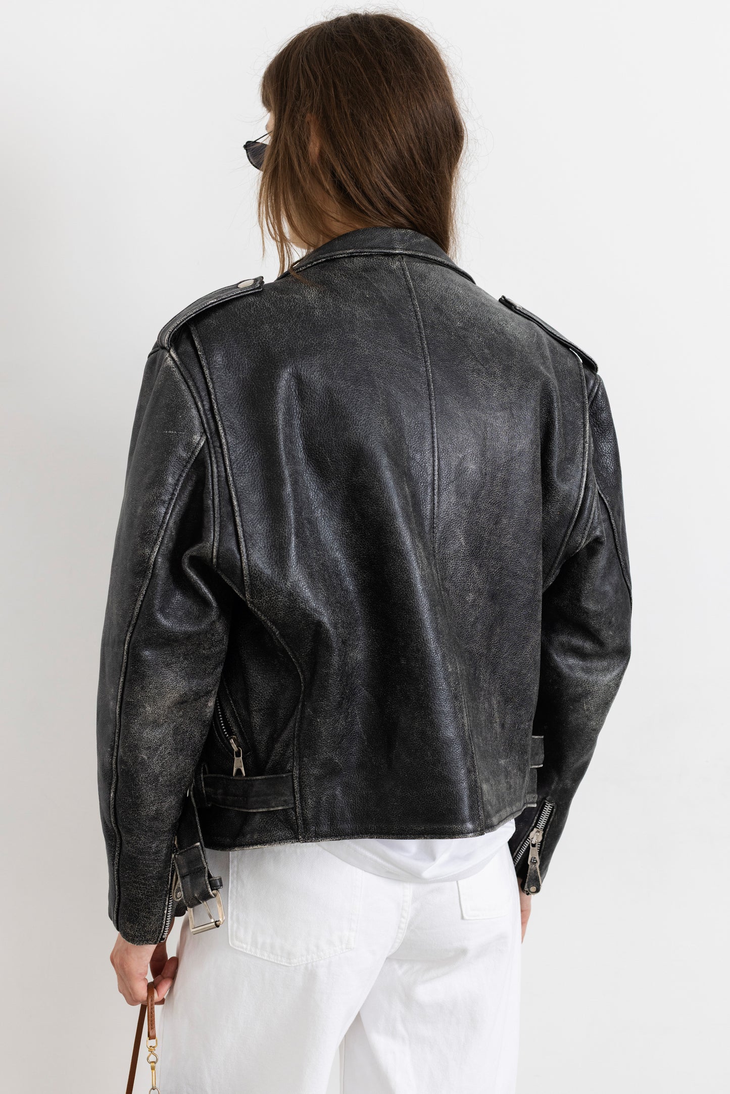Vintage Grey Distressed Leather Biker Jacket