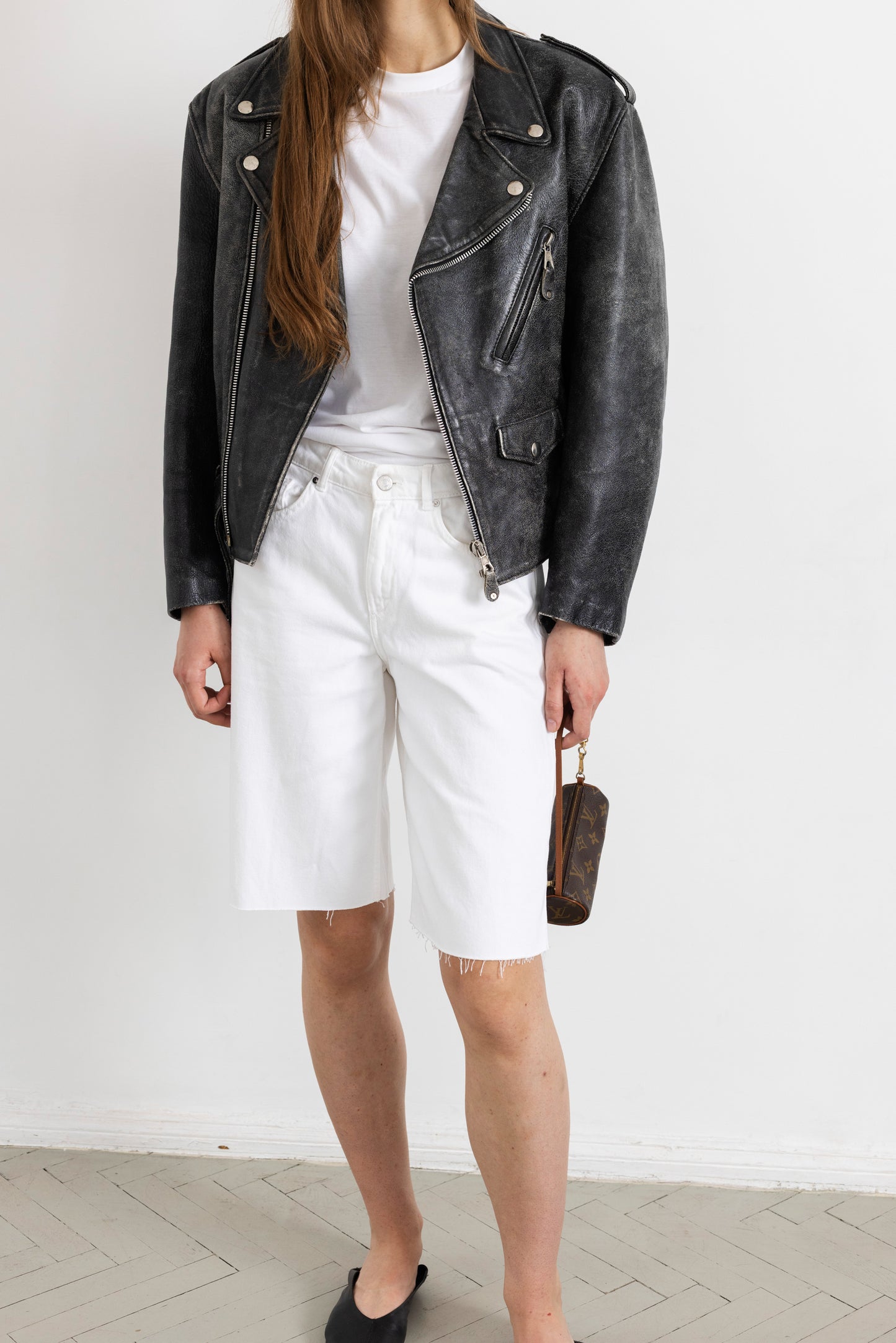 Vintage Grey Distressed Leather Biker Jacket