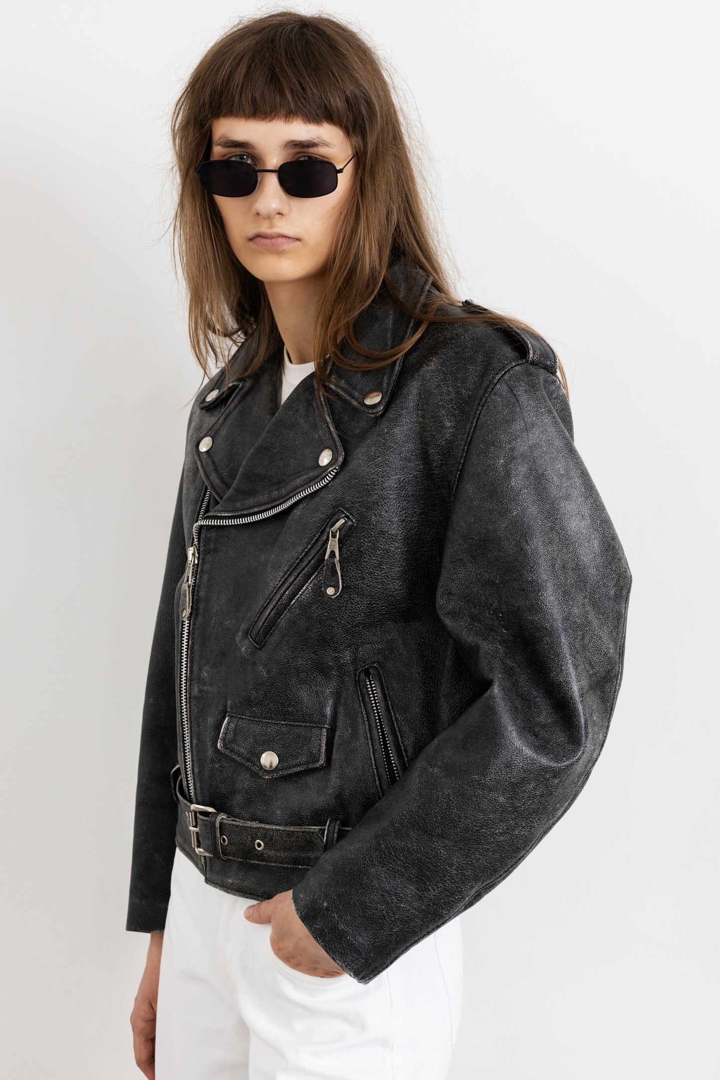 Vintage Grey Distressed Leather Biker Jacket