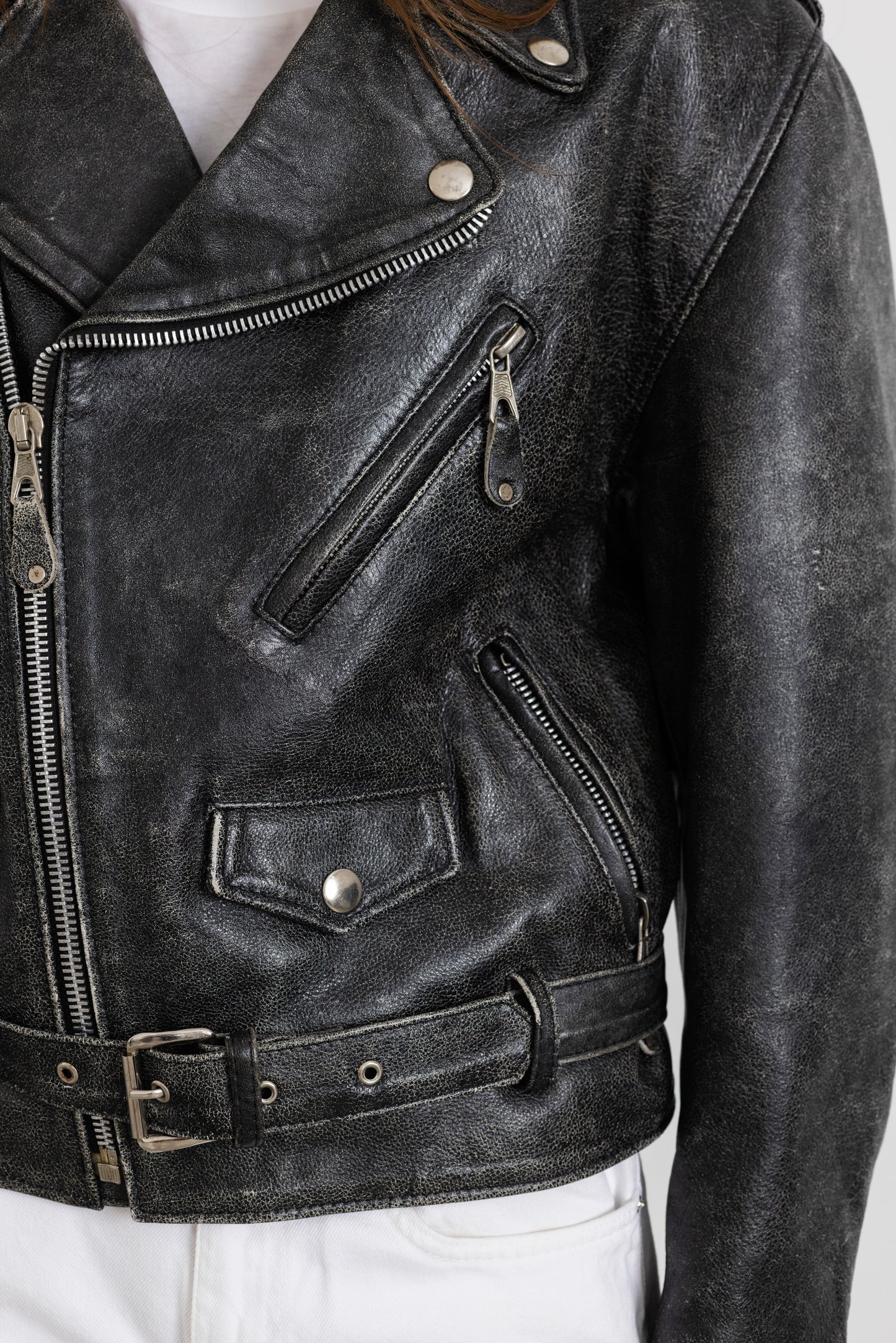 Vintage Grey Distressed Leather Biker Jacket