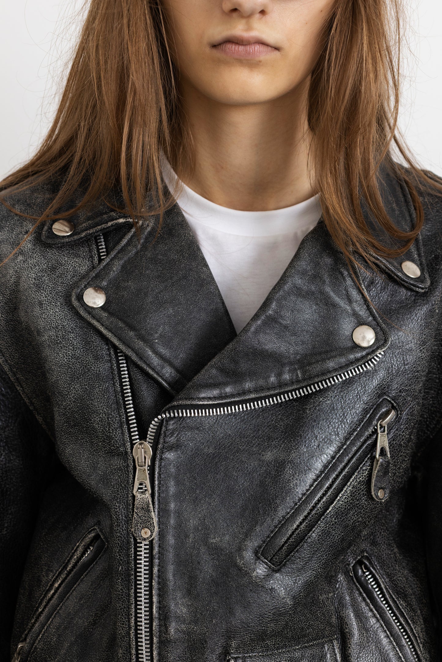 Vintage Grey Distressed Leather Biker Jacket