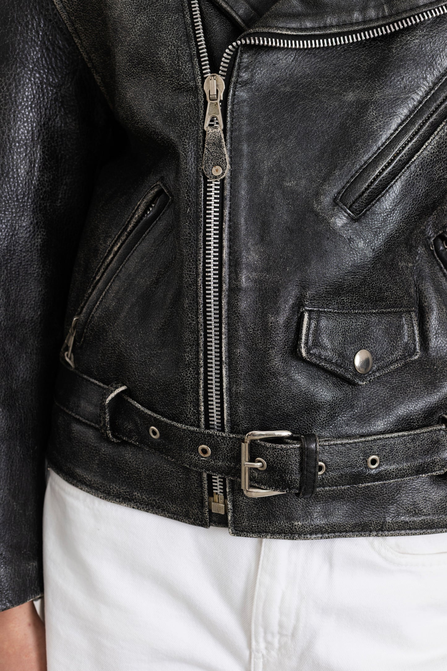 Vintage Grey Distressed Leather Biker Jacket