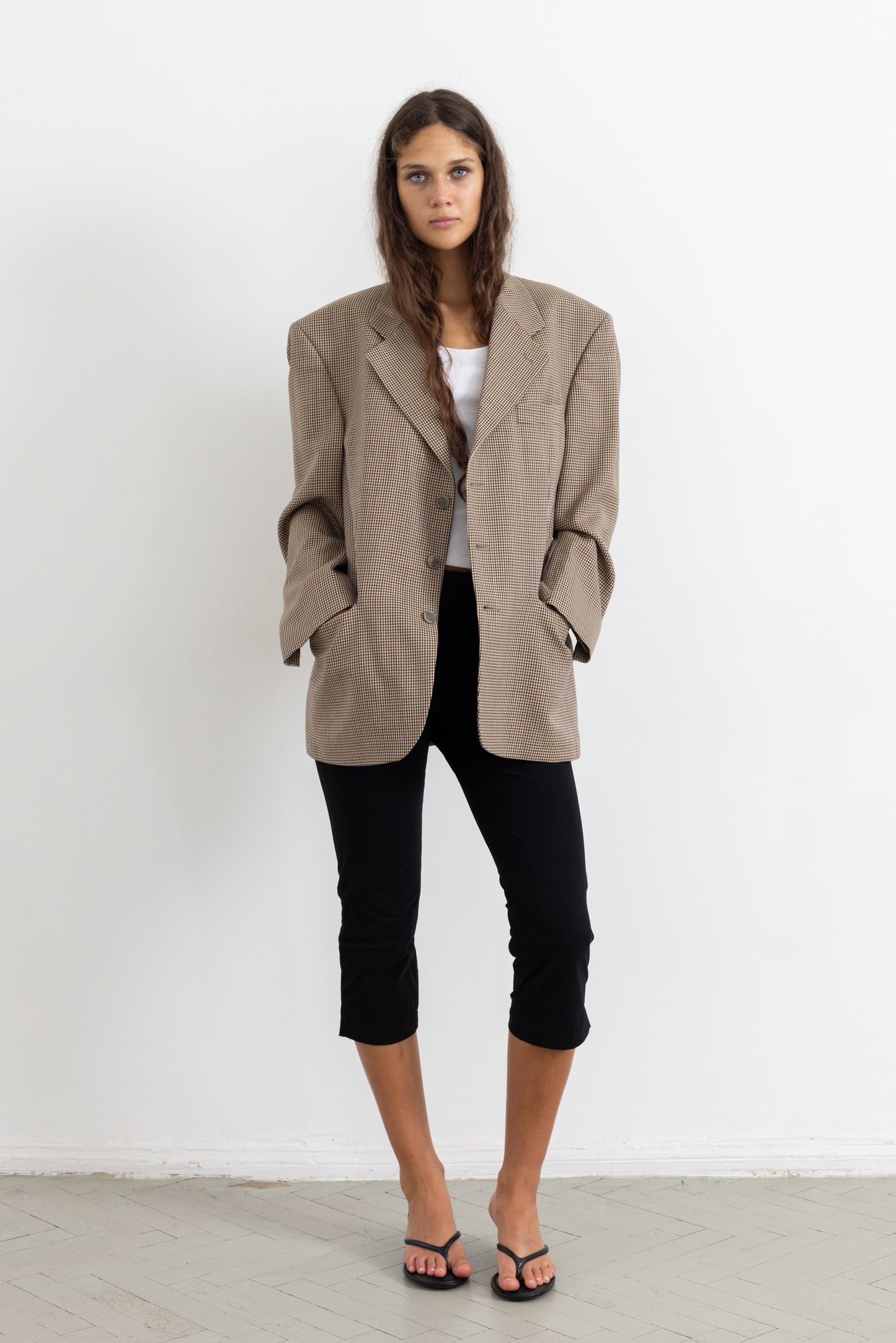 Vintage Beige Houndstooth 100% Wool Blazer