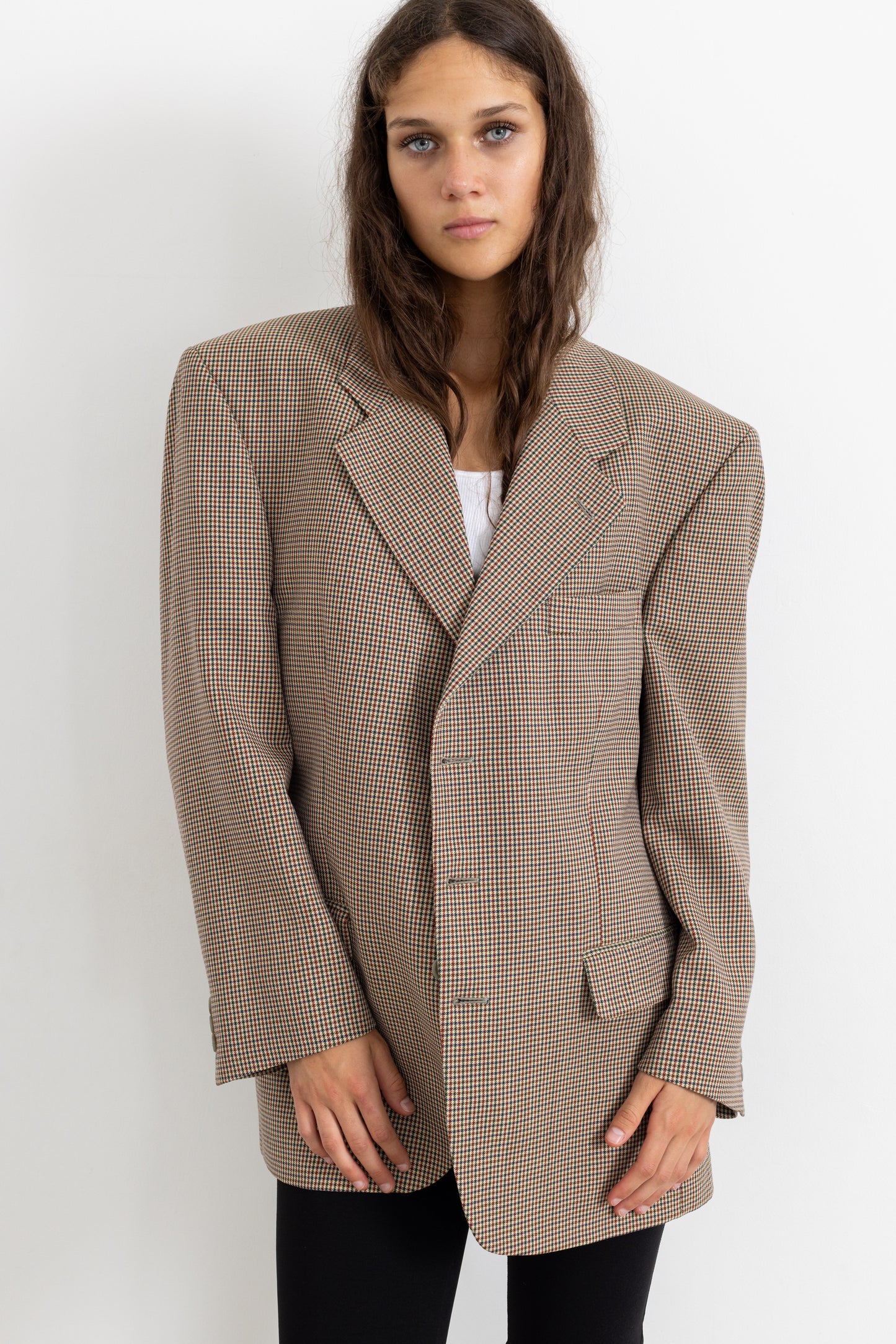 Vintage Beige Houndstooth 100% Wool Blazer