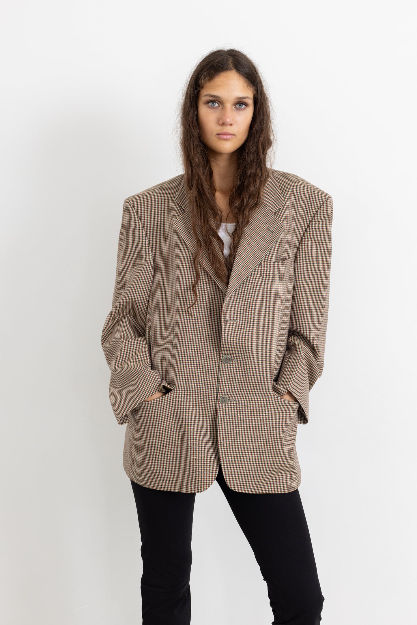 Vintage Beige Houndstooth 100% Wool Blazer
