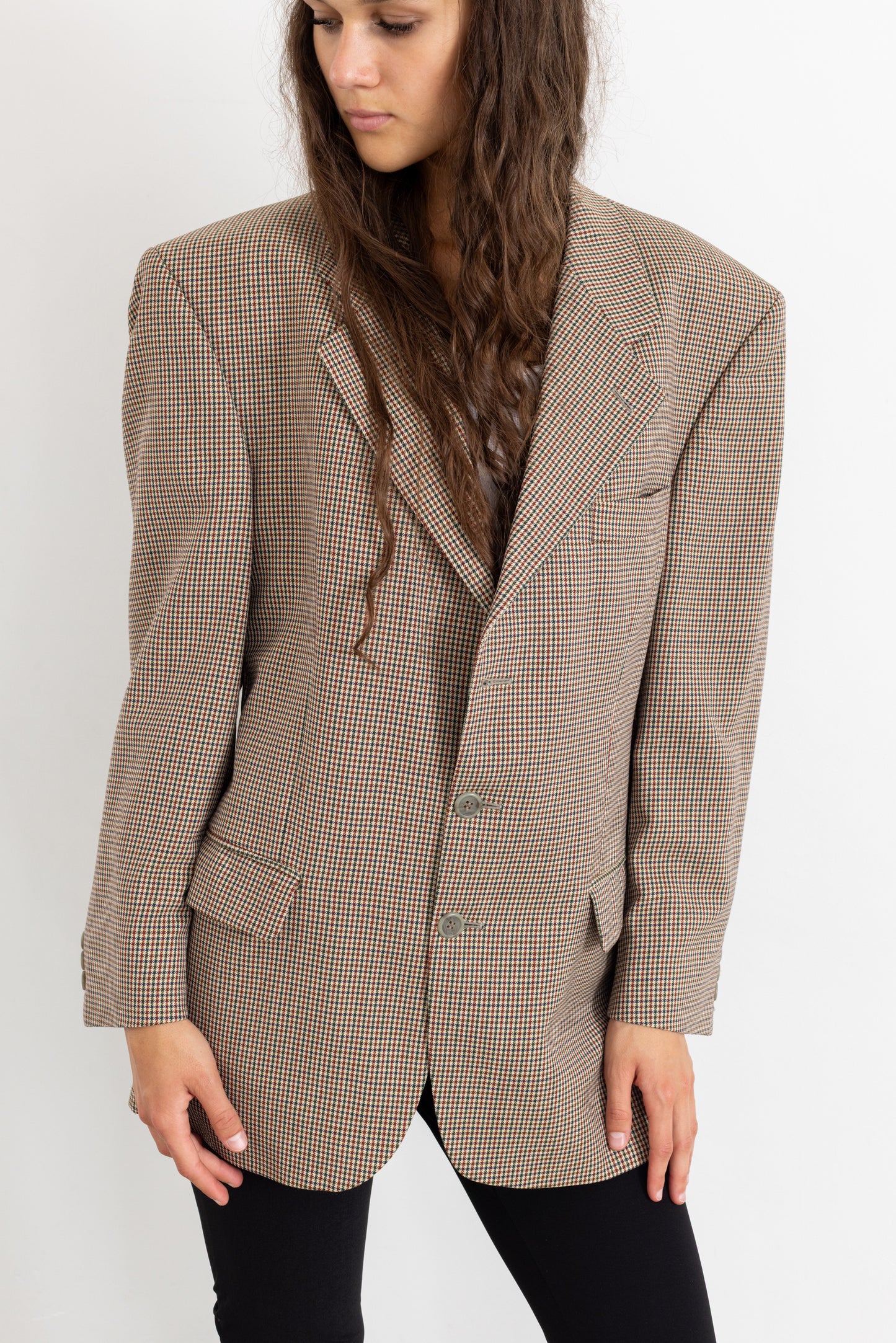 Vintage Beige Houndstooth 100% Wool Blazer