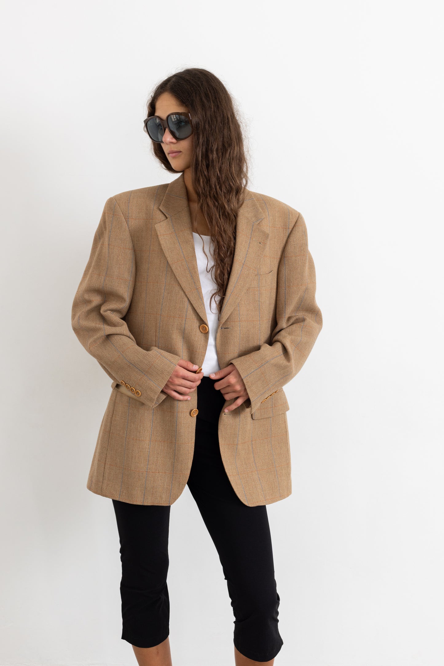 Vintage Guy Laroche Beige Plaid Wool Cotton Blazer