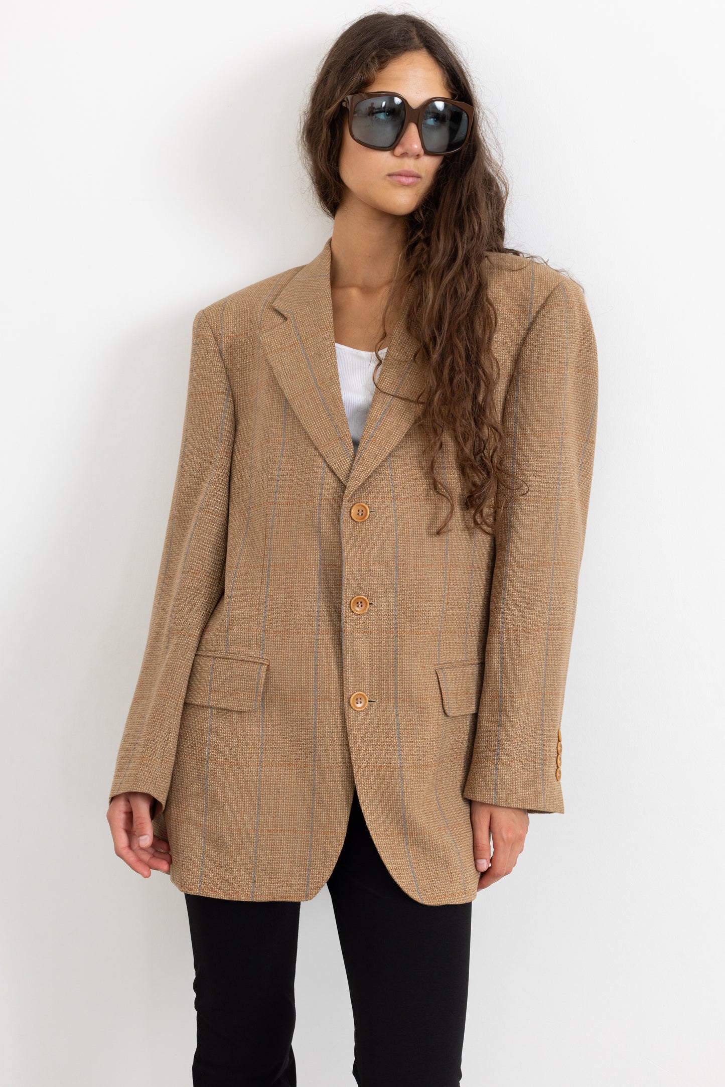 Vintage Guy Laroche Beige Plaid Wool Cotton Blazer