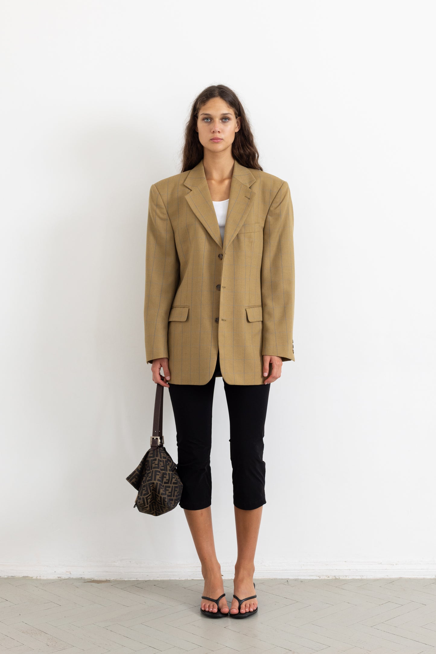 Vintage Beige Windowpane Check Wool Blazer