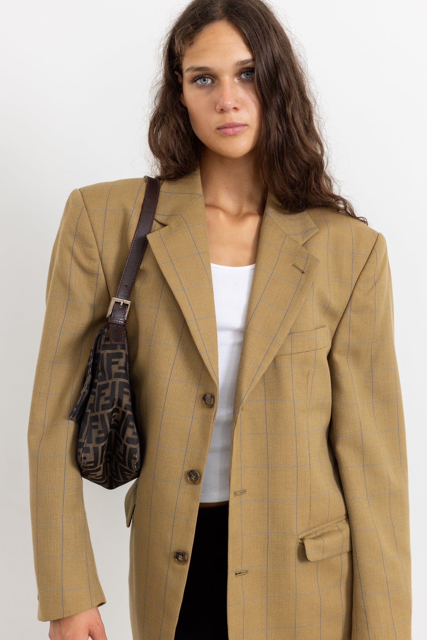 Vintage Beige Windowpane Check Wool Blazer