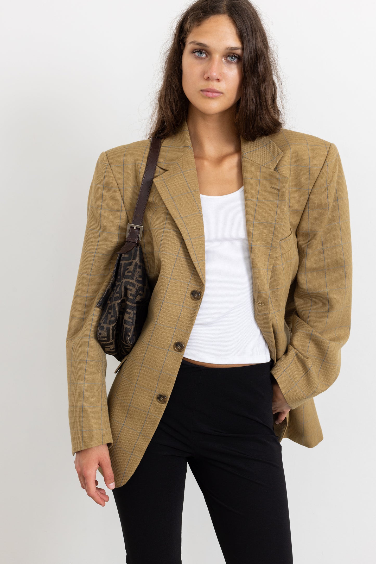 Vintage Beige Windowpane Check Wool Blazer