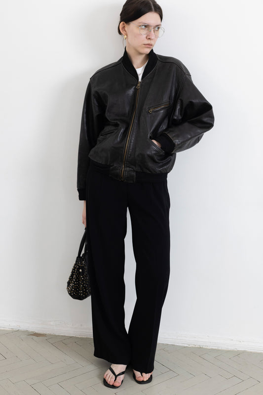 Vintage Black Grainy Leather Bomber Jacket