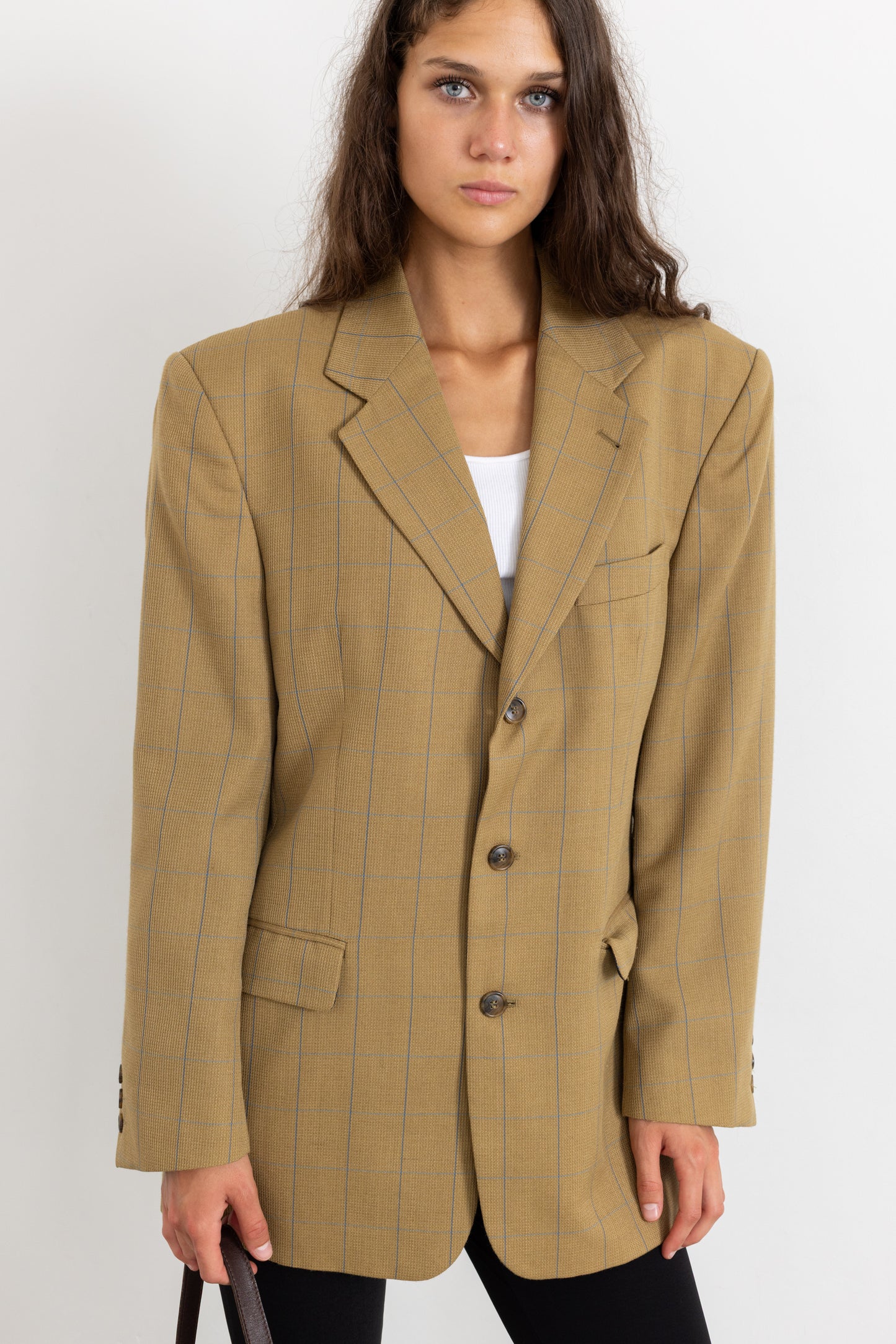 Vintage Beige Windowpane Check Wool Blazer