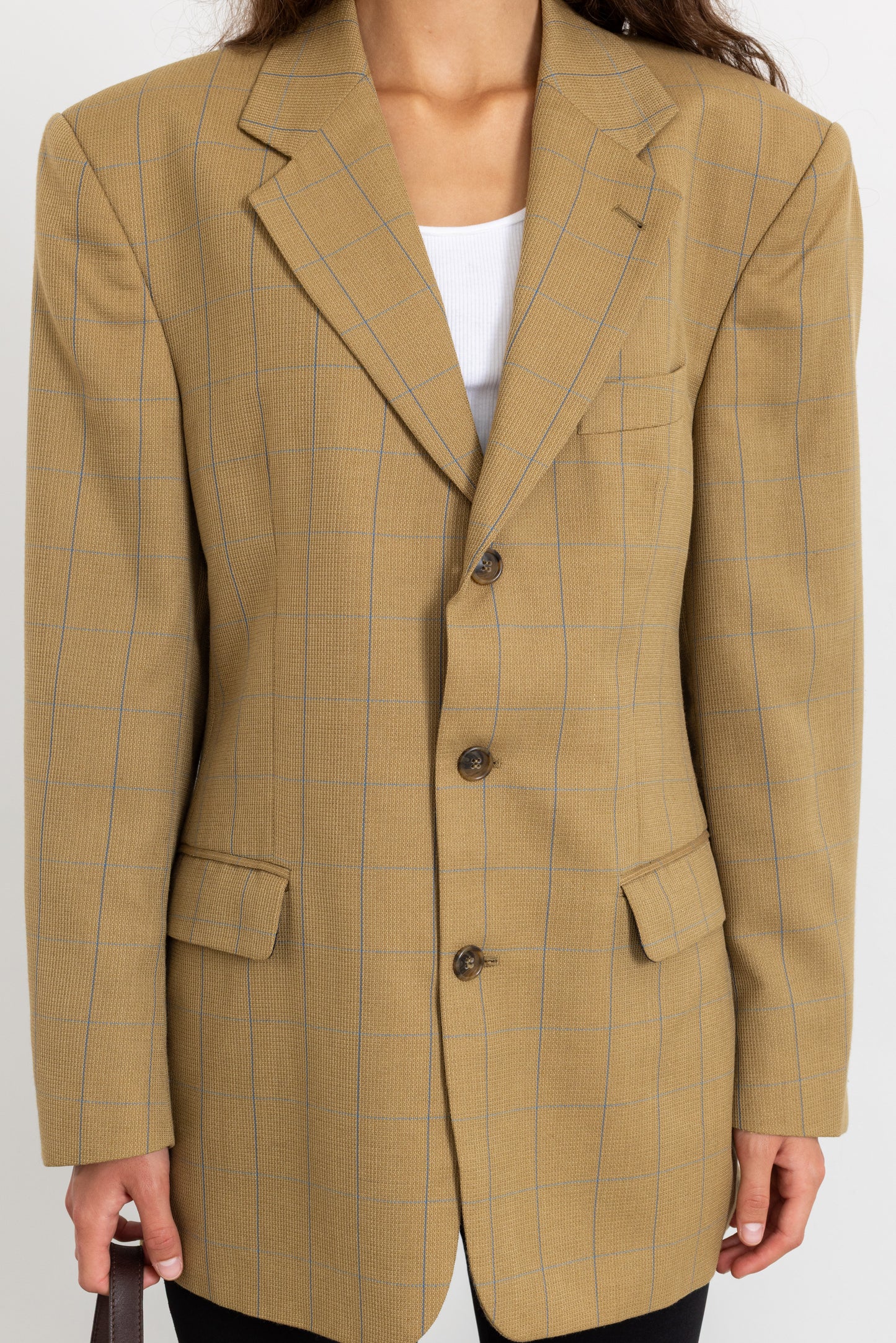 Vintage Beige Windowpane Check Wool Blazer