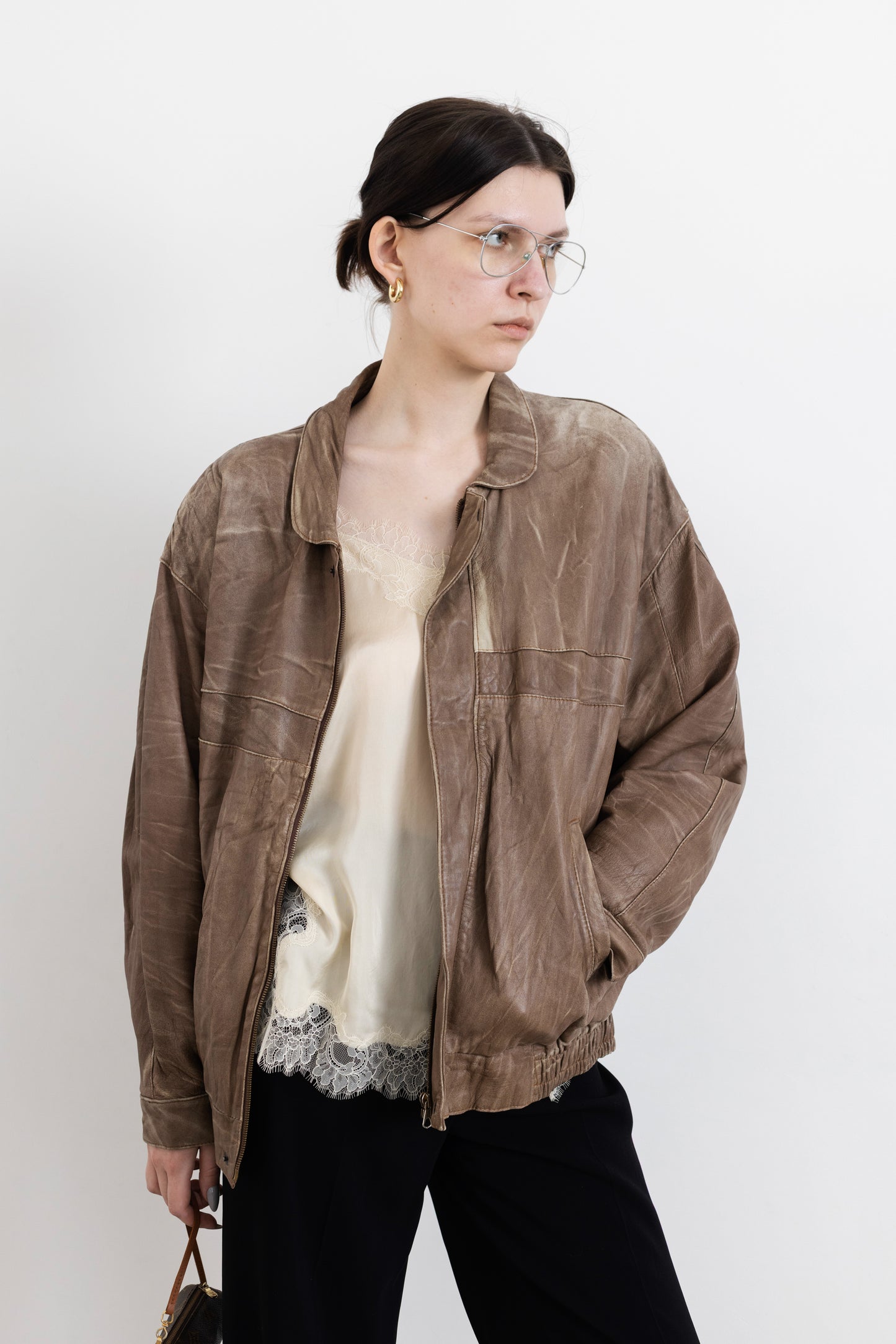 Vintage Beige Distressed Leather Jacket