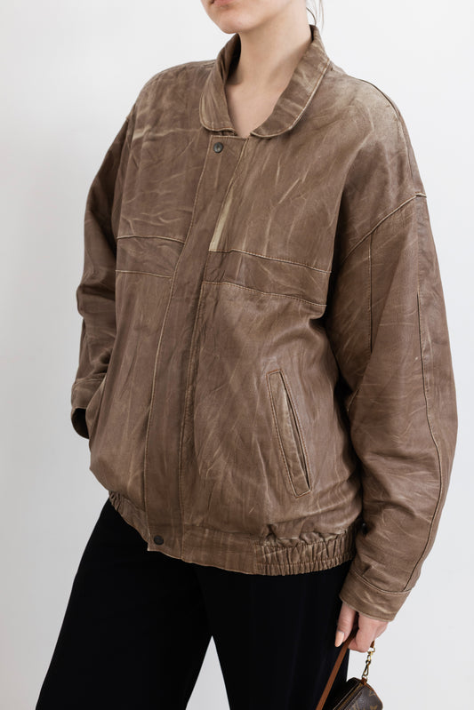 Vintage Beige Distressed Leather Jacket