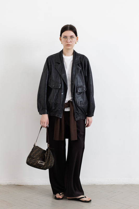 Vintage Navy Leather Bomber Jacket