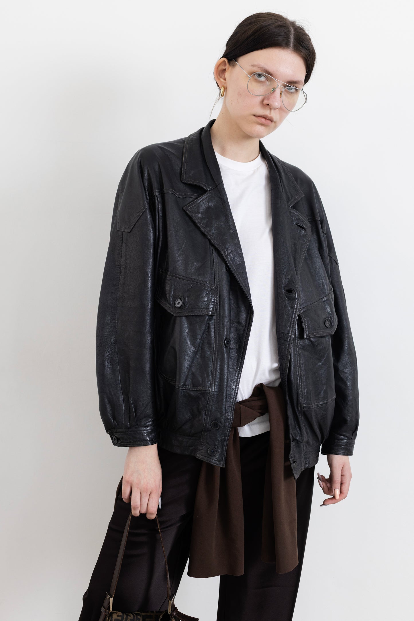 Vintage Navy Leather Bomber Jacket