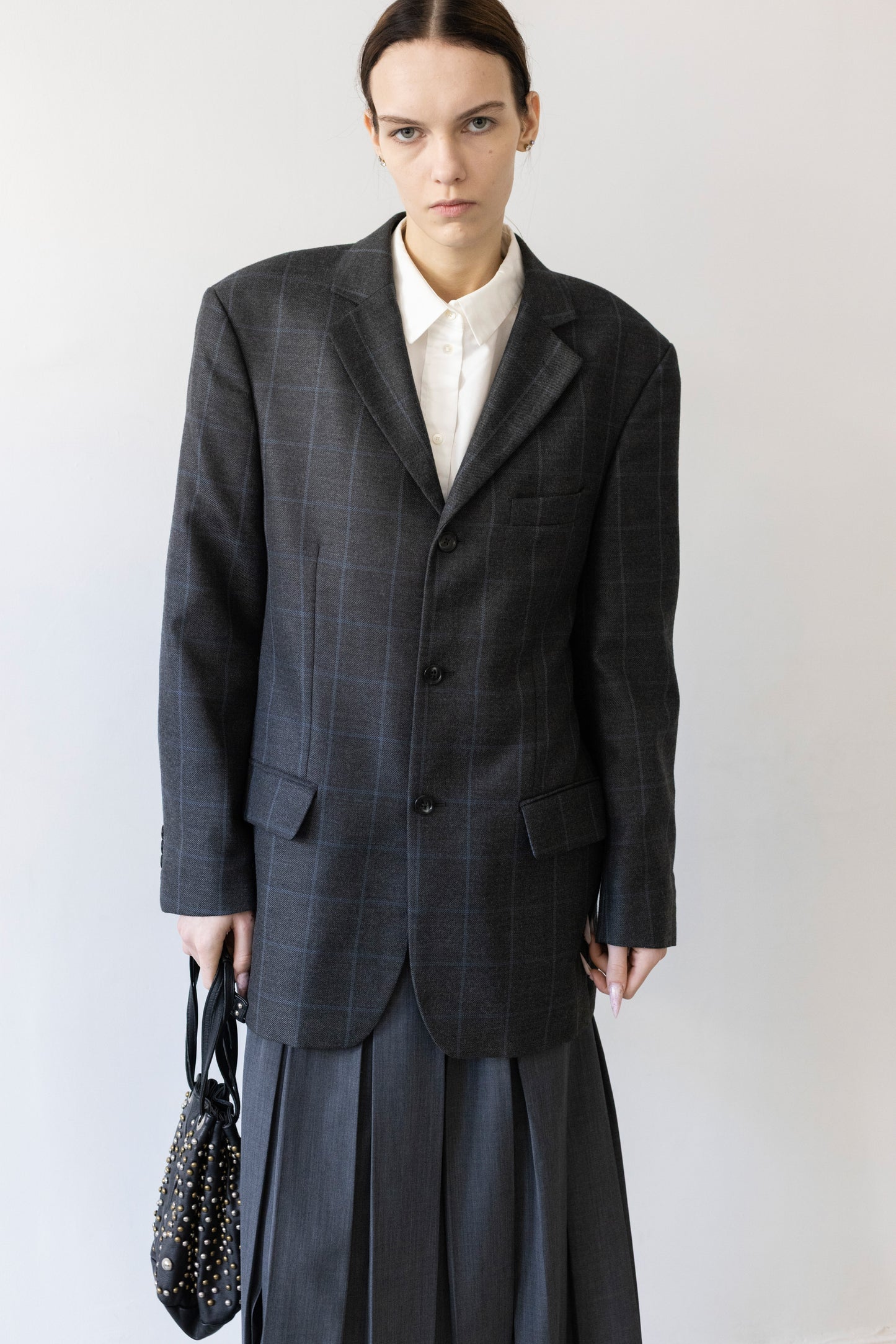 Vintage Grey Windowpane Check Wool Blazer