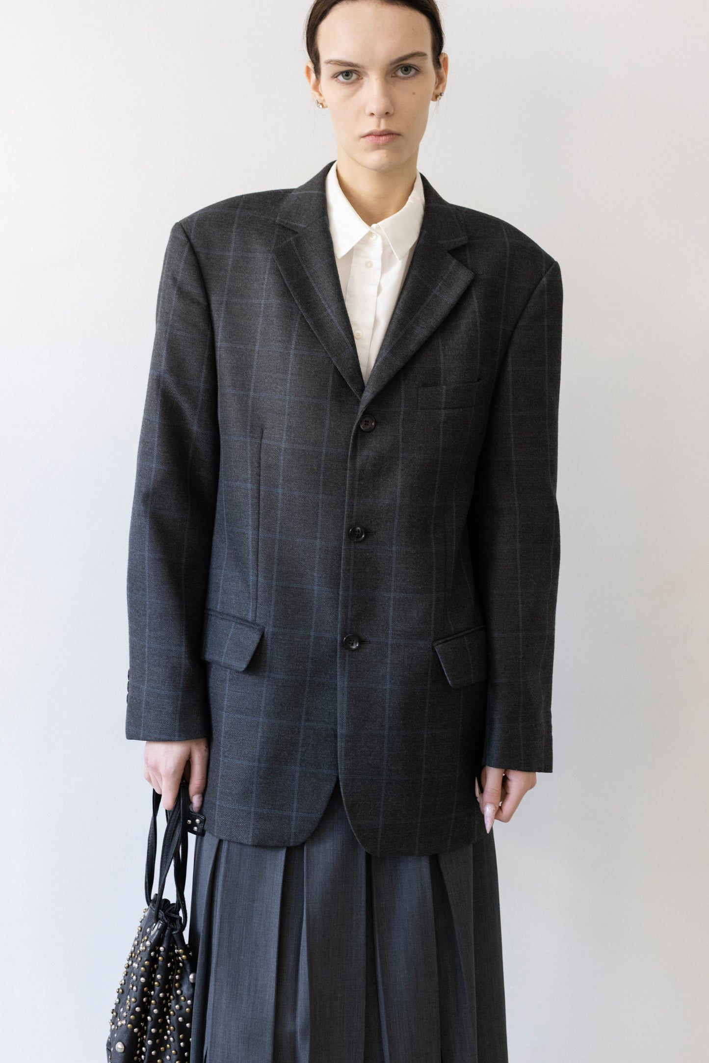 Vintage Grey Windowpane Check Wool Blazer