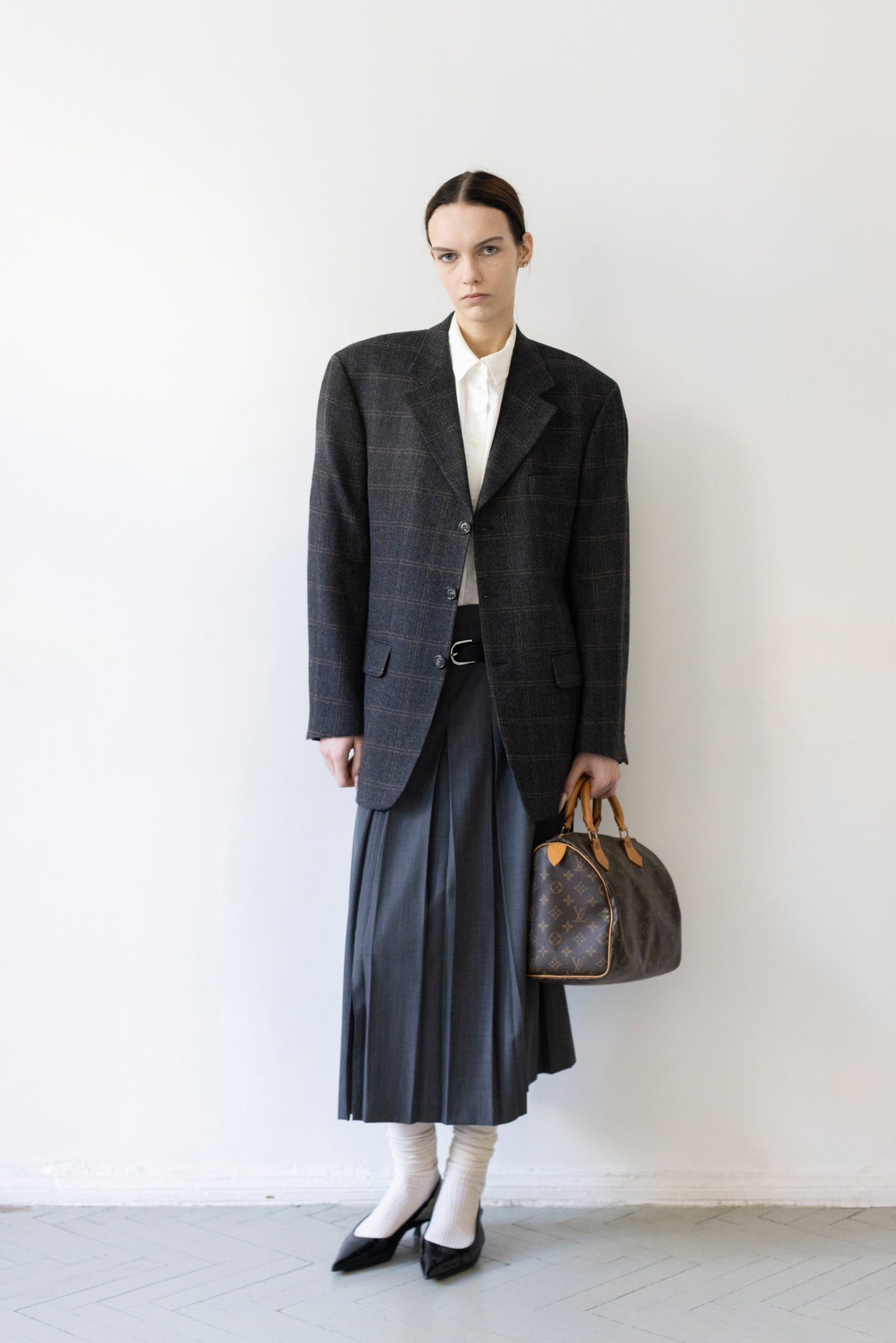 Vintage Grey Windowpane Check 100% Wool Blazer