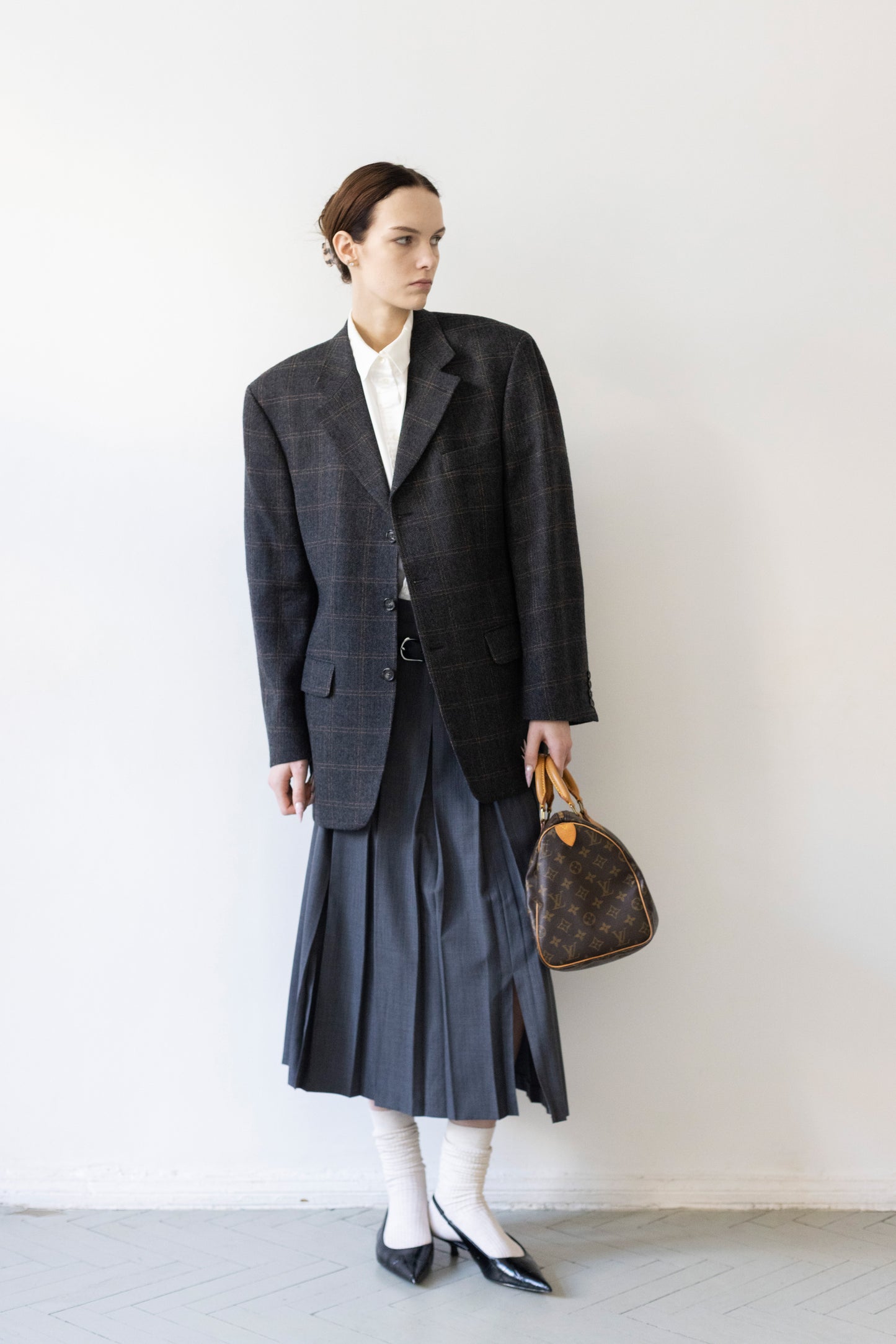 Vintage Grey Windowpane Check 100% Wool Blazer