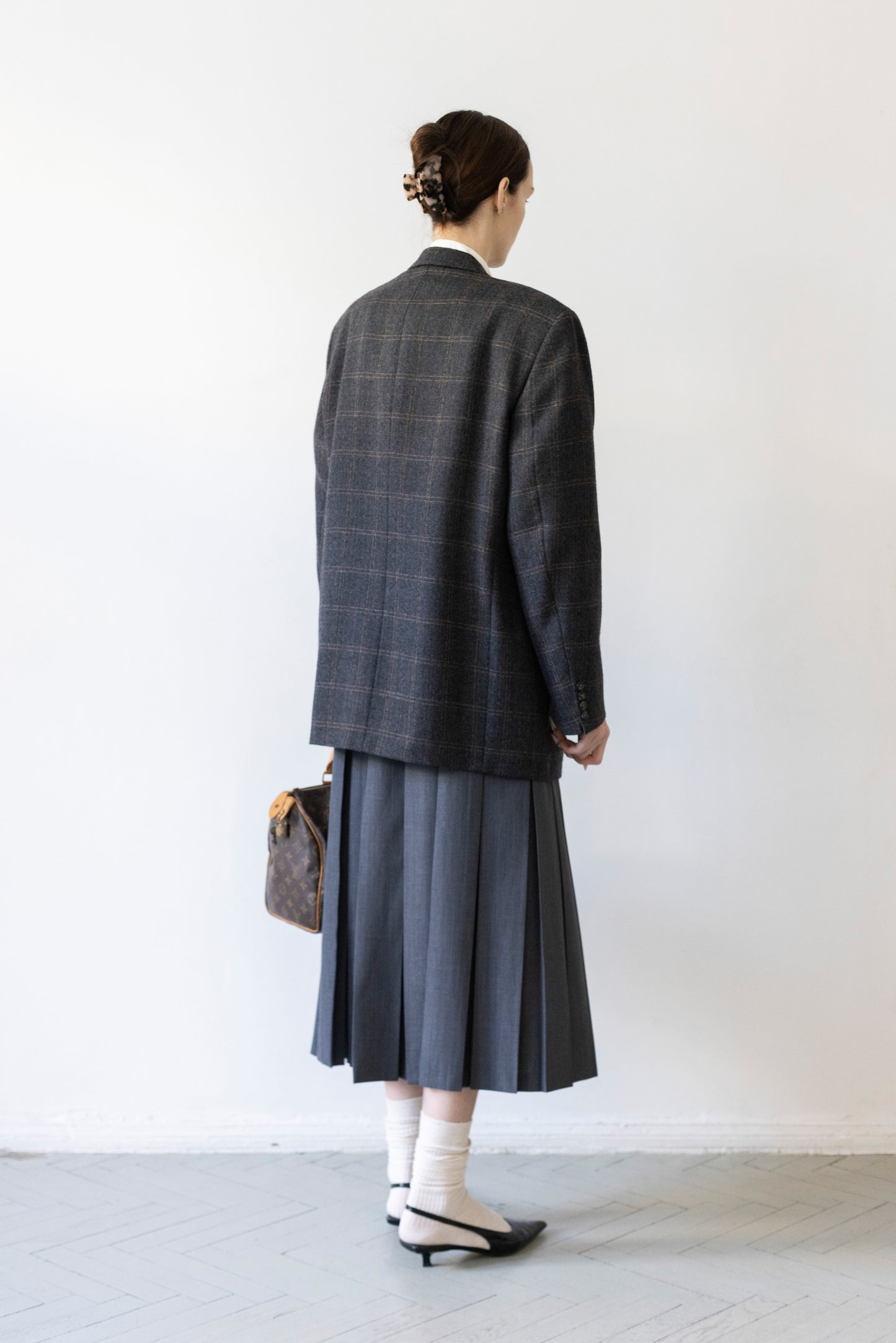 Vintage Grey Windowpane Check 100% Wool Blazer