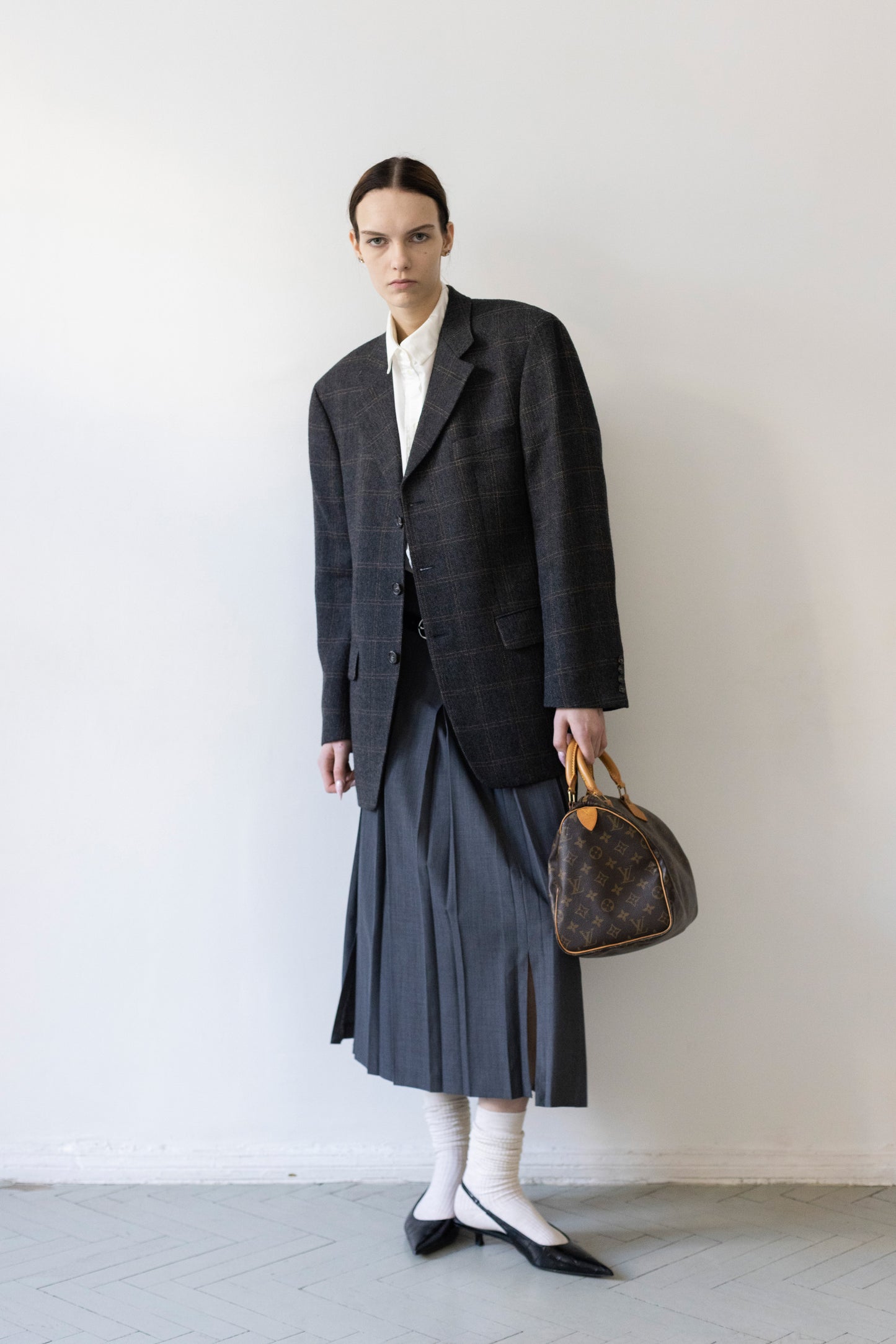 Vintage Grey Windowpane Check 100% Wool Blazer