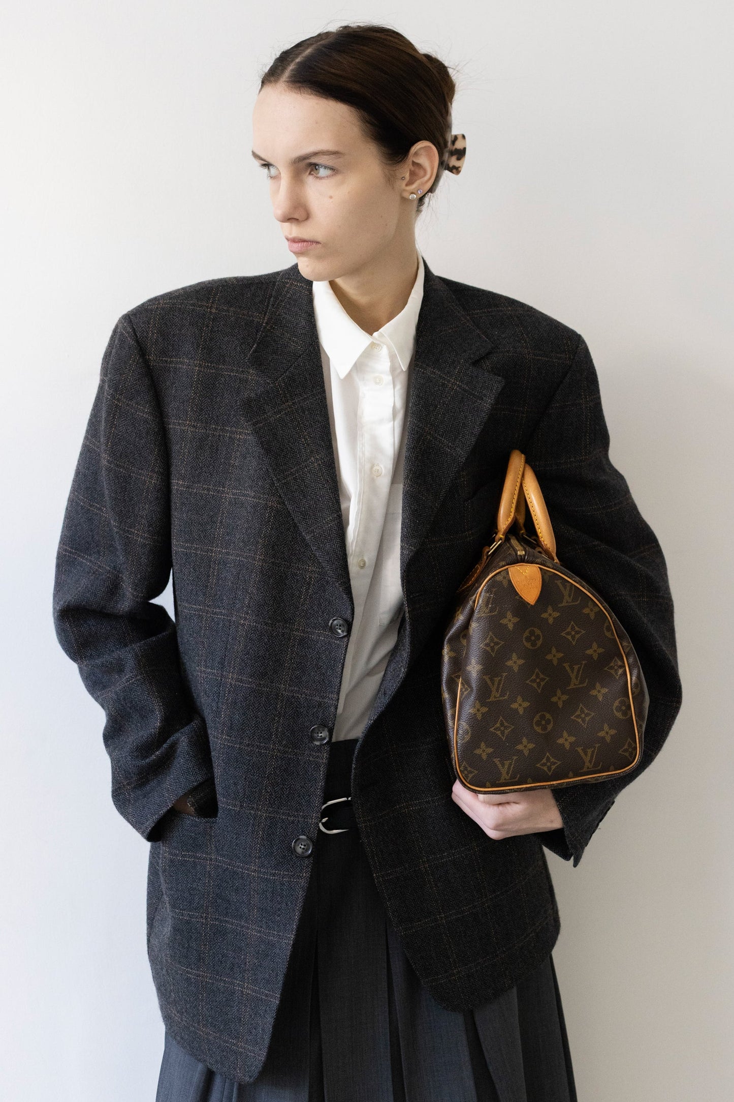 Vintage Grey Windowpane Check 100% Wool Blazer
